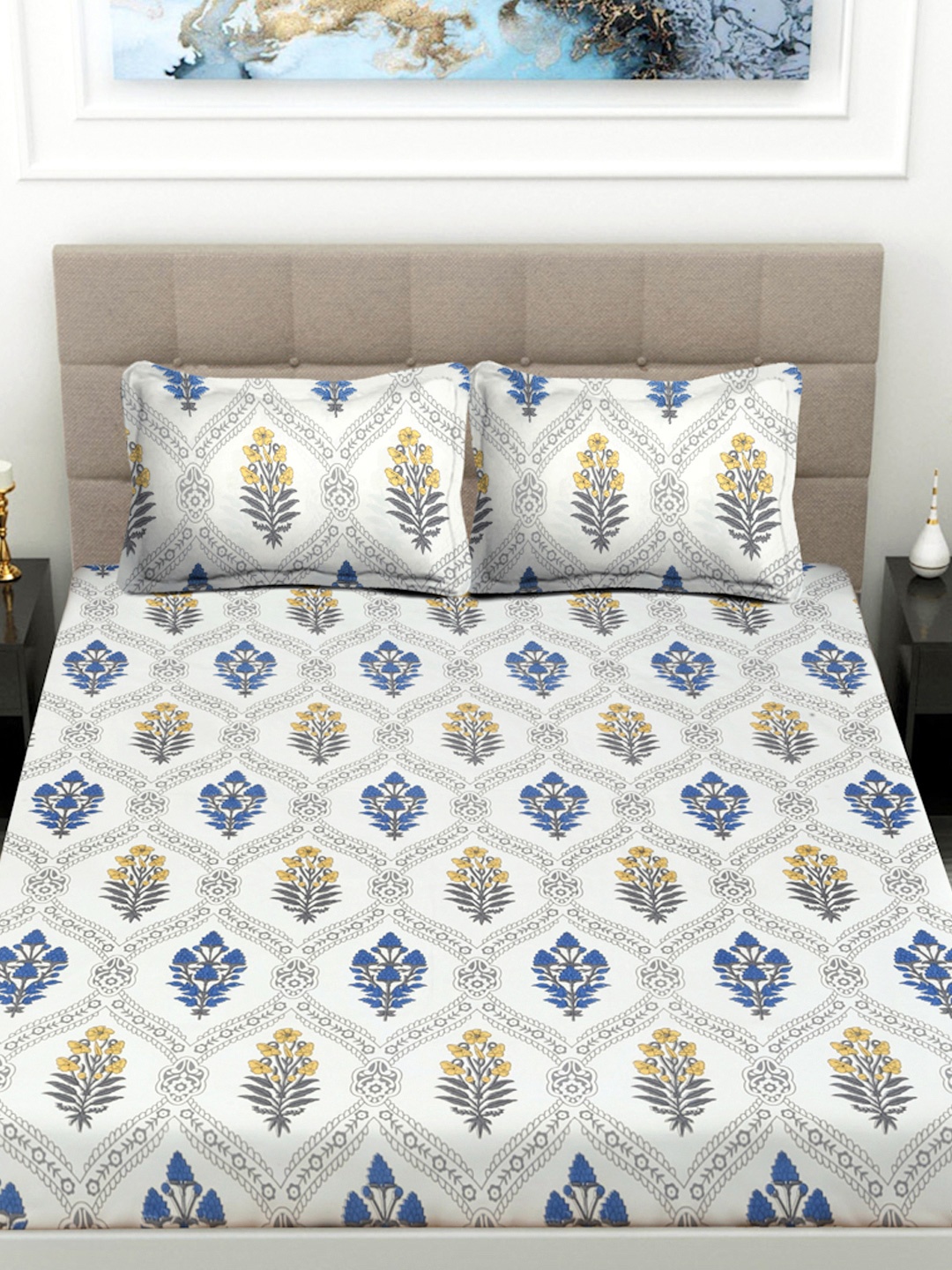 

FABINALIV Off White & Blue Floral 300 TC King Bedsheet With 2 Pillow Covers