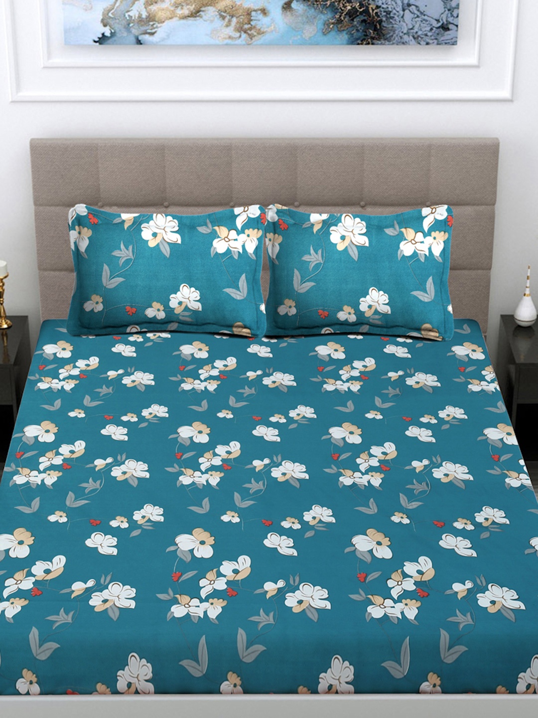 

FABINALIV Teal & White Floral 300 TC King Bedsheet With 2 Pillow Covers