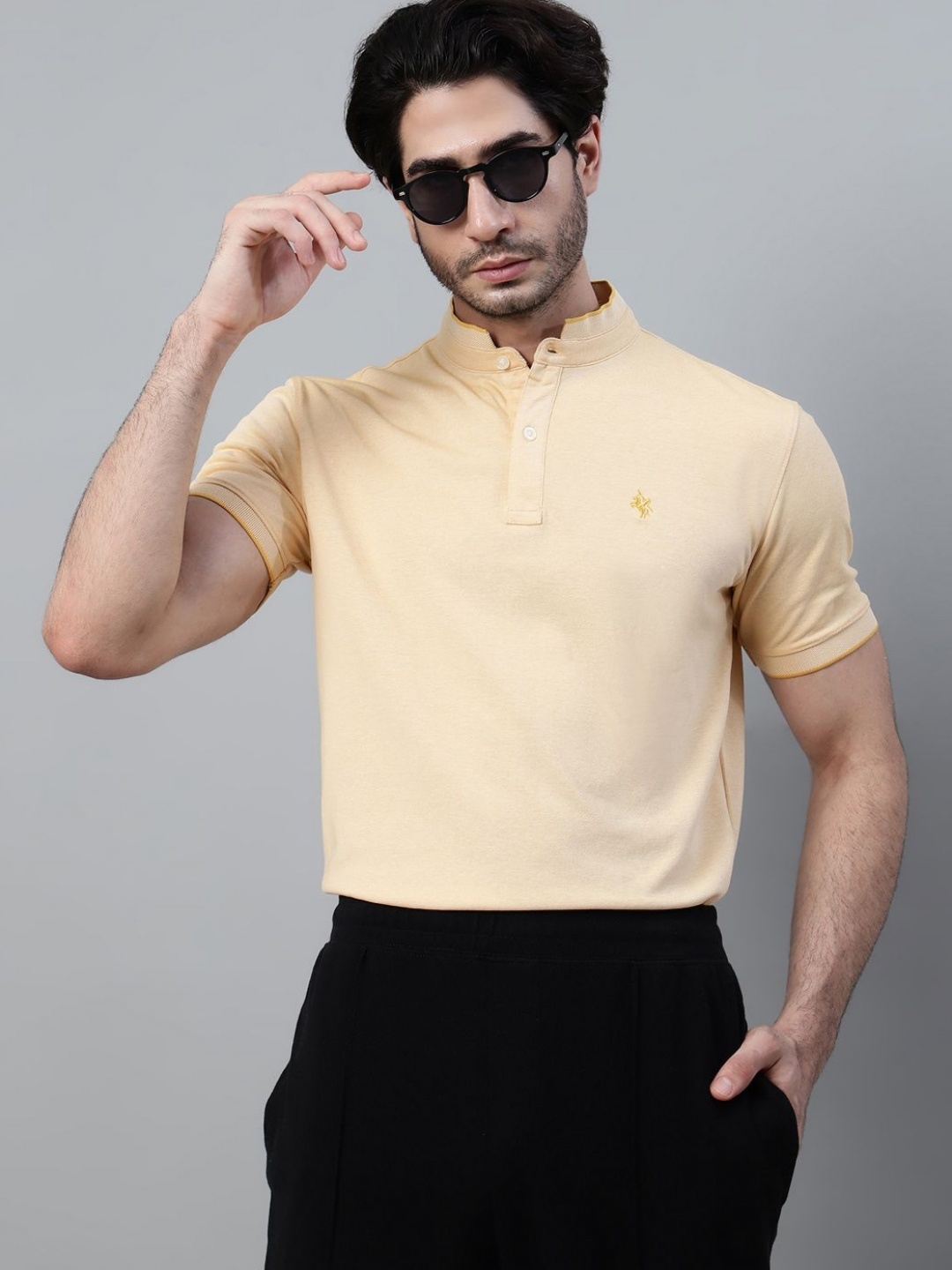 

Cantabil Men Mandarin Collar Solid T-shirt, Peach