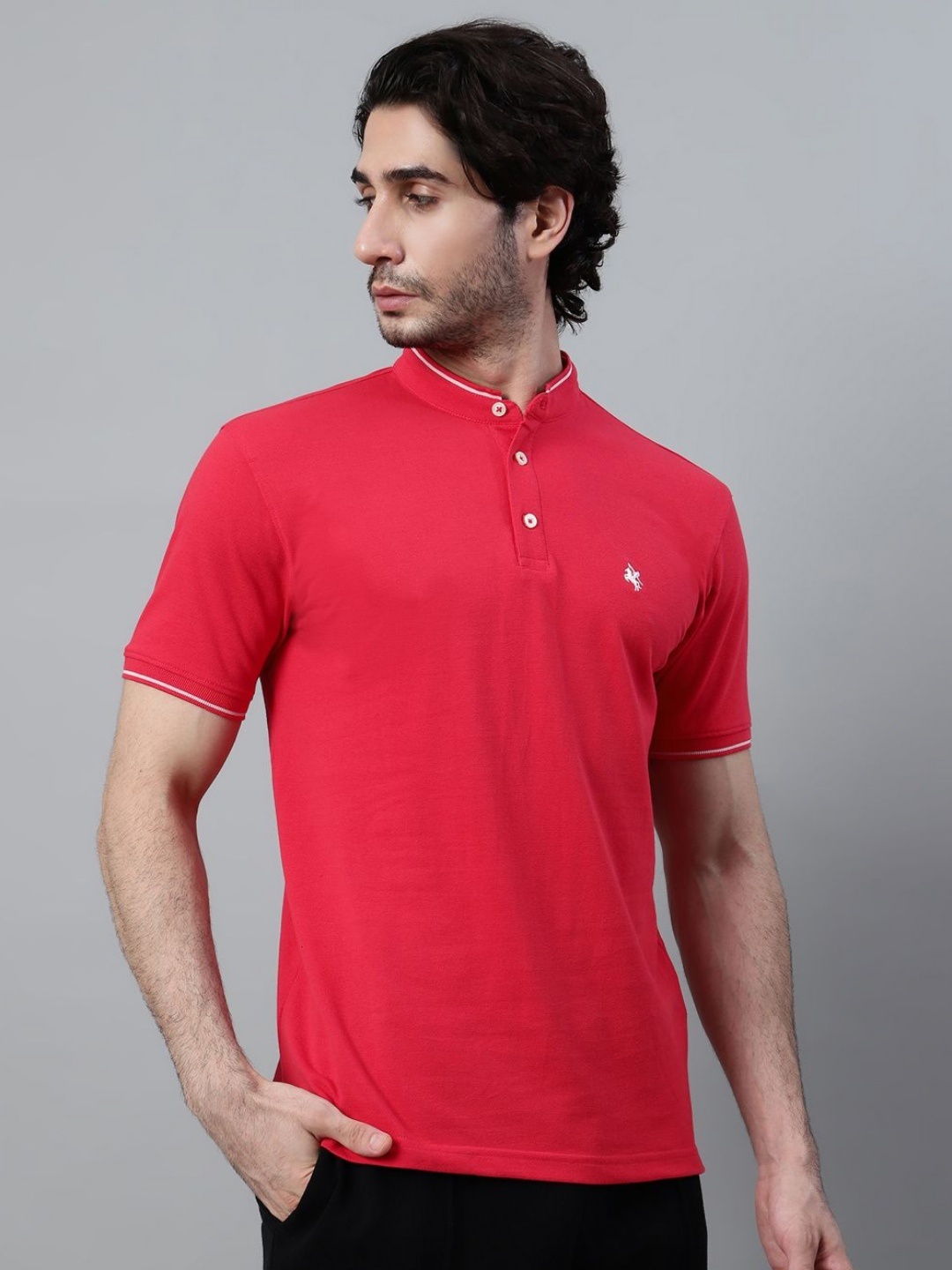 

Cantabil Men Mandarin Collar Solid T-shirt, Red