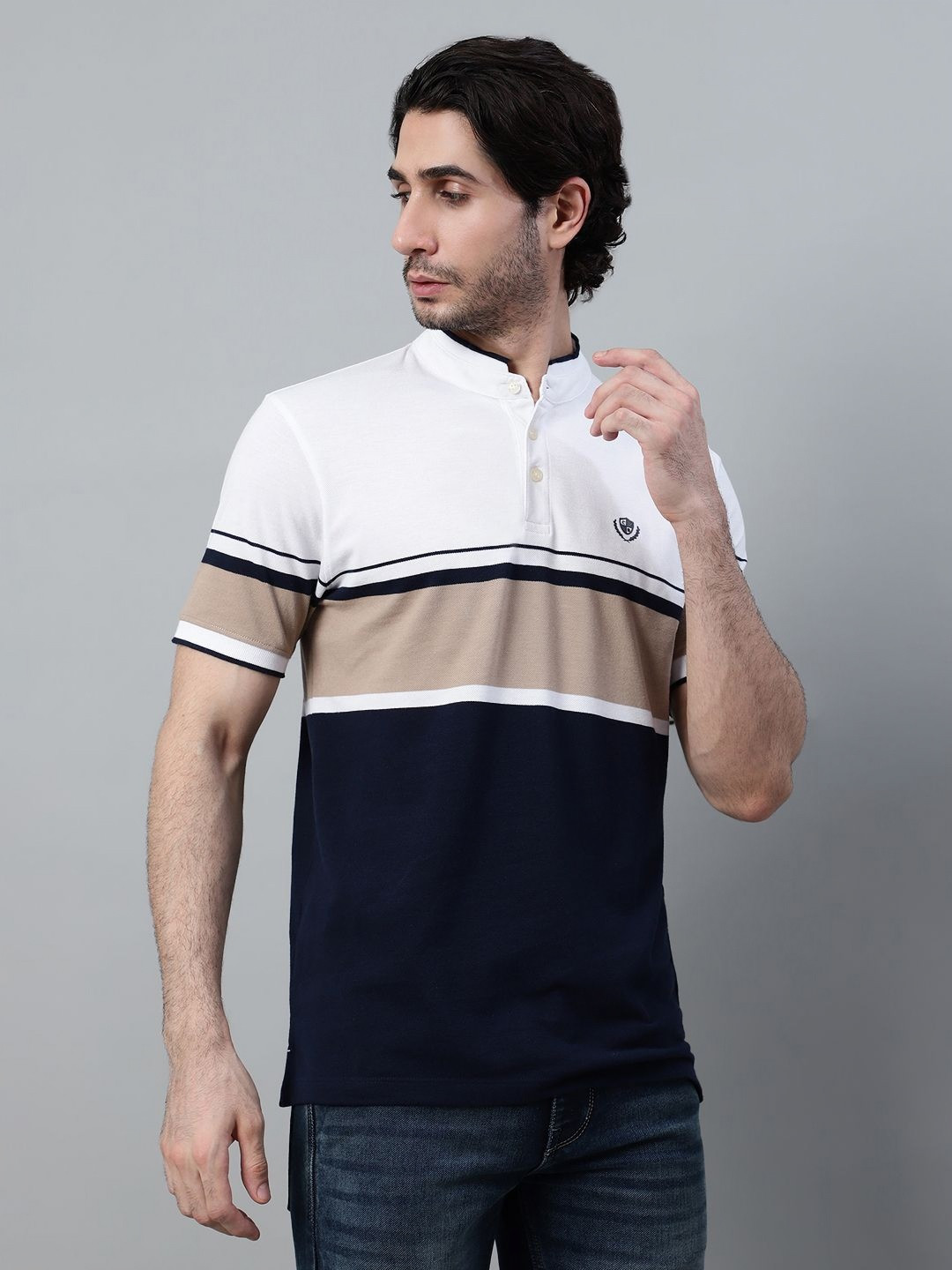 

Cantabil Men Colourblocked Mandarin Collar T-shirt, Navy blue