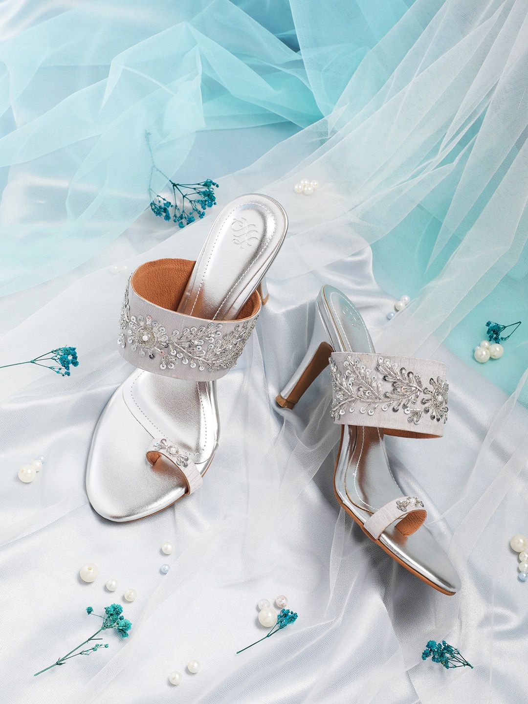 

House of Pataudi Embellished Slim Heels, Silver