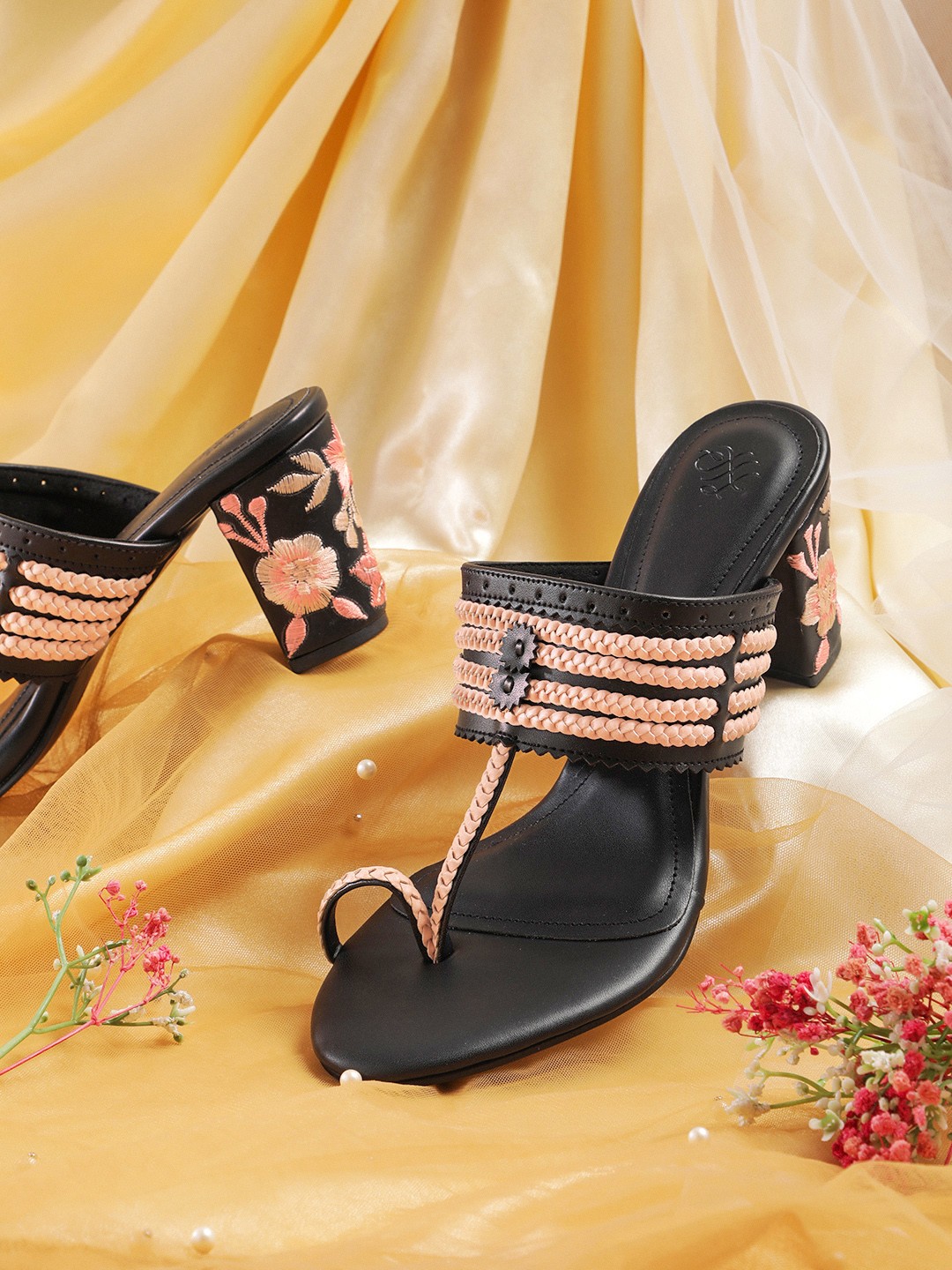 

House of Pataudi Open Toe Woven Design Block Heels, Black