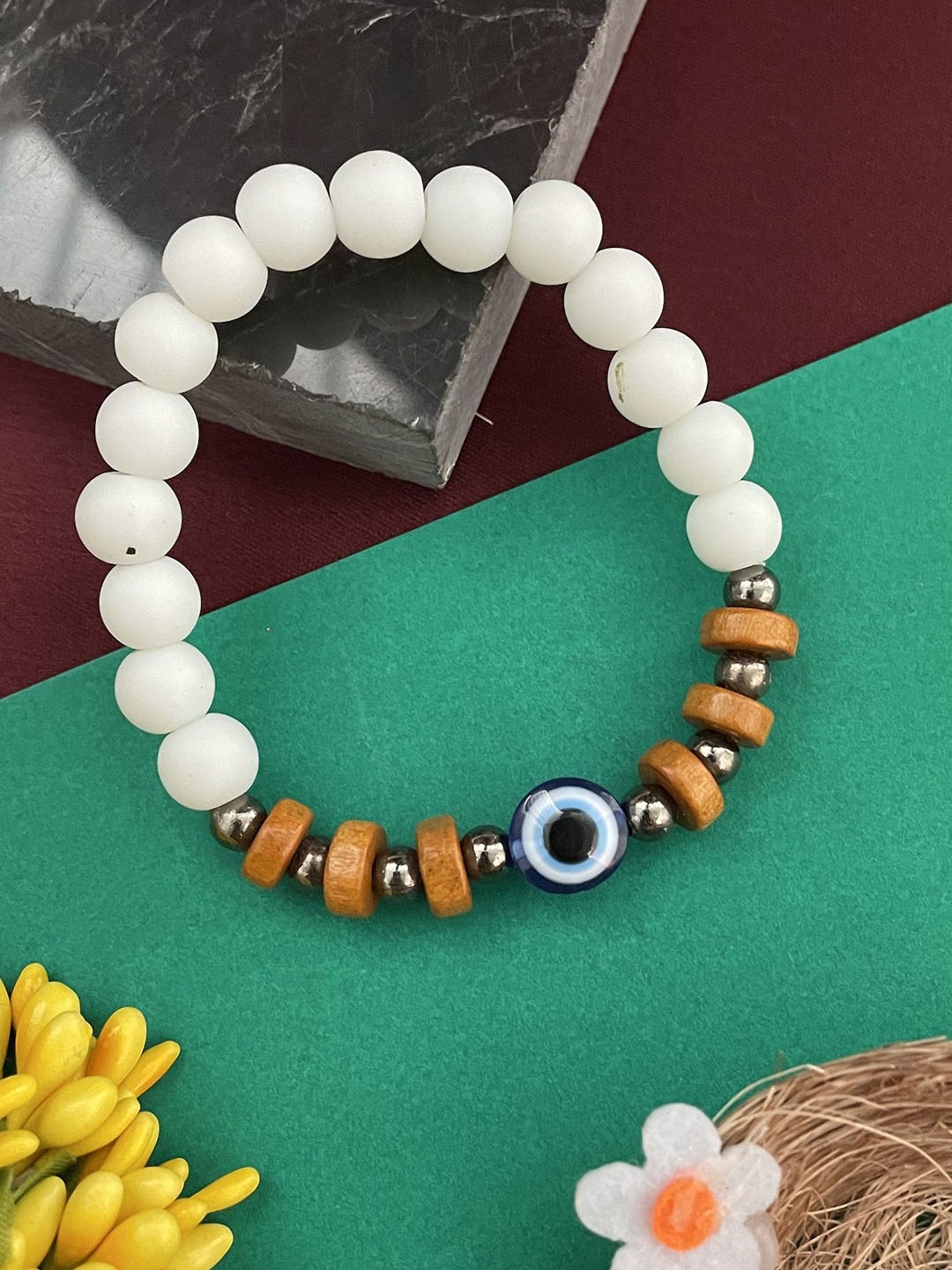 

Digital Dress Room Silver Plated Evil Eye & Beaded Crystal Elasticated Rakhi, White