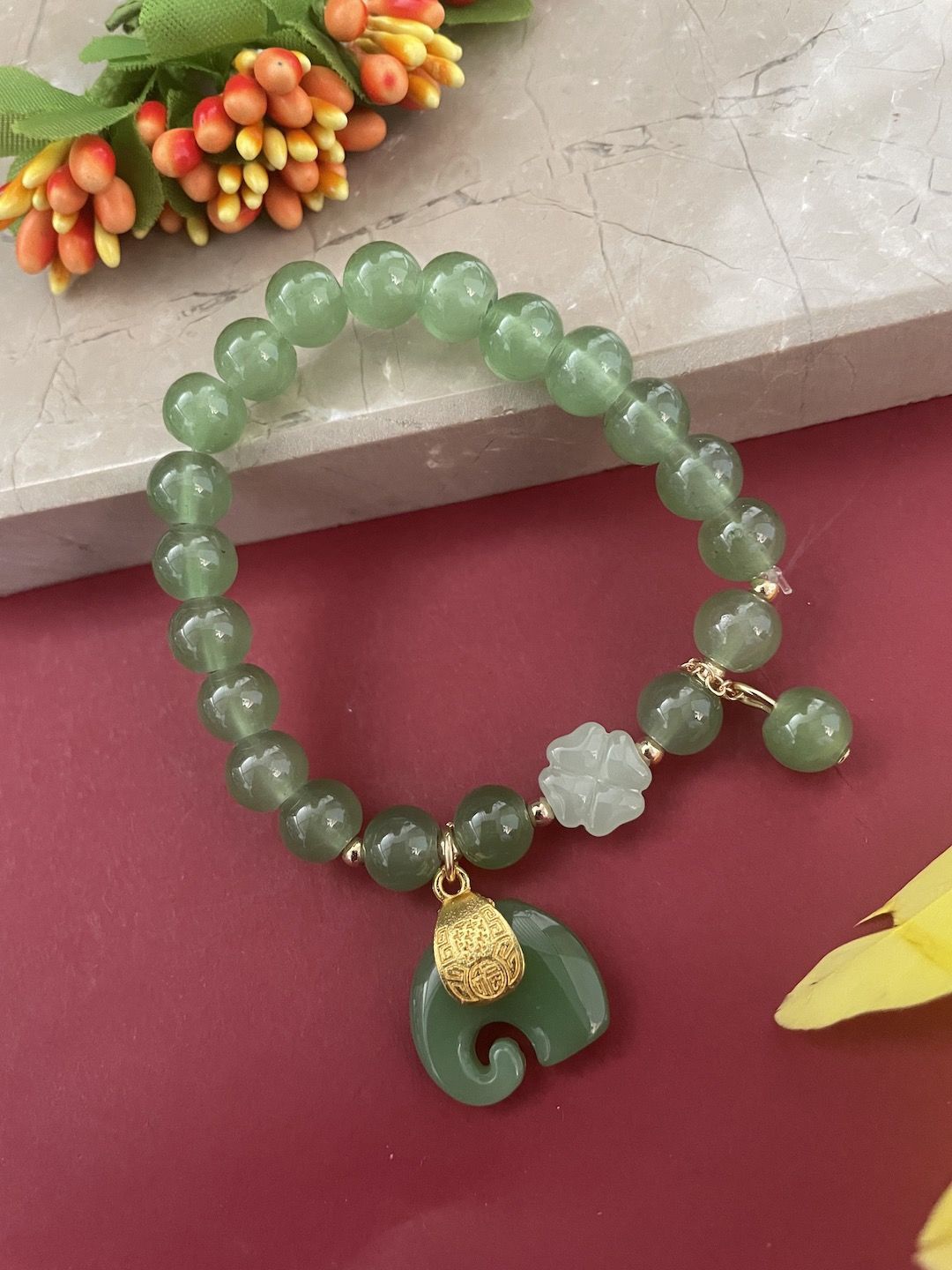 

Digital Dress Room Elephant Jade Stone Studded Elasticated Rakhi, Green
