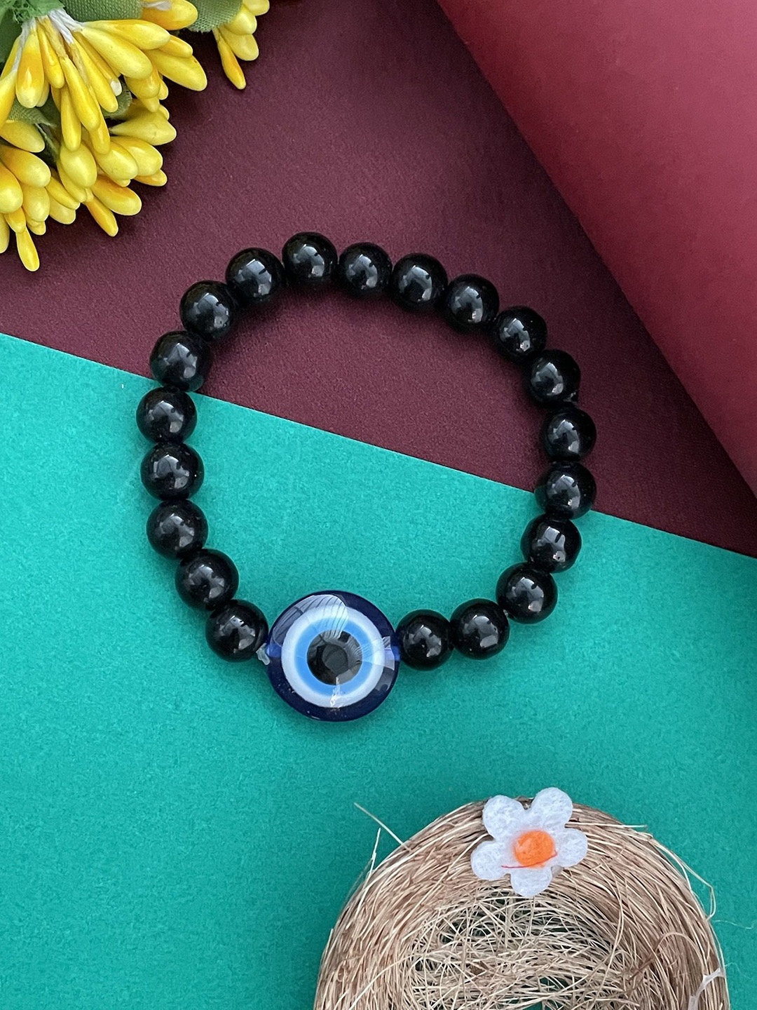 

Digital Dress Room Crystal Beaded & Evil Eye Elasticated Rakhi, Black