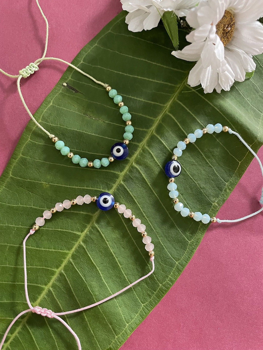 

Digital Dress Room Set of 3 Evil Eye Beaded Wraparound Rakhis, Green