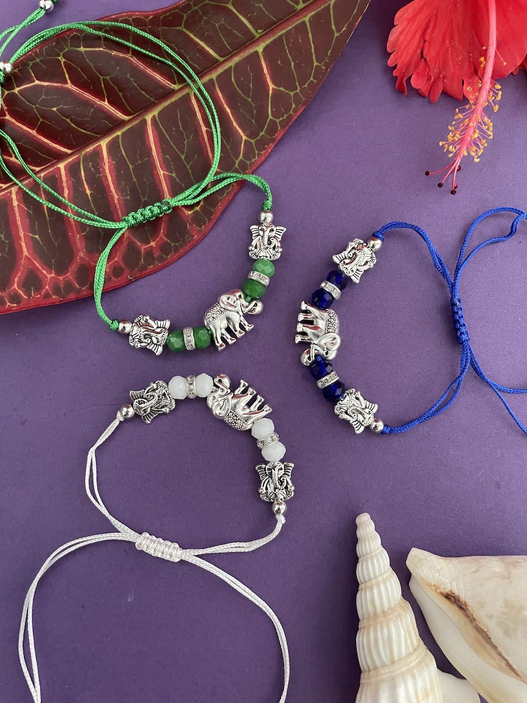

Digital Dress Room Set of 3 Beaded Thread Rakhis, Silver
