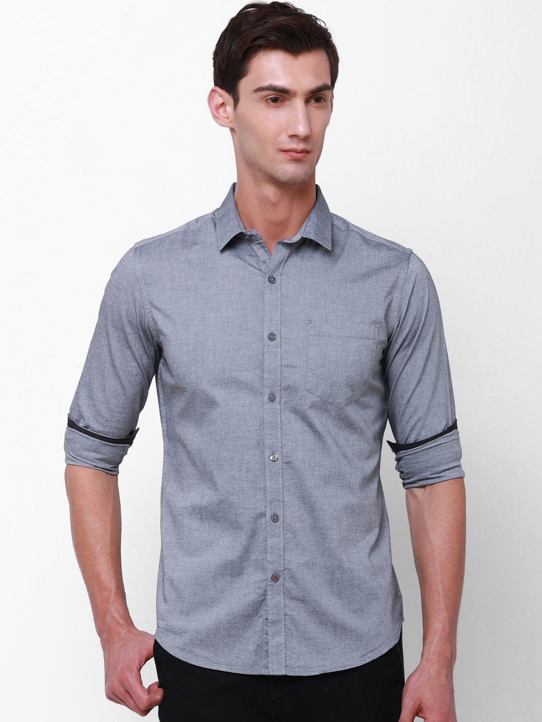 

Black coffee Men Grey Slim Fit Solid Casual Shirt
