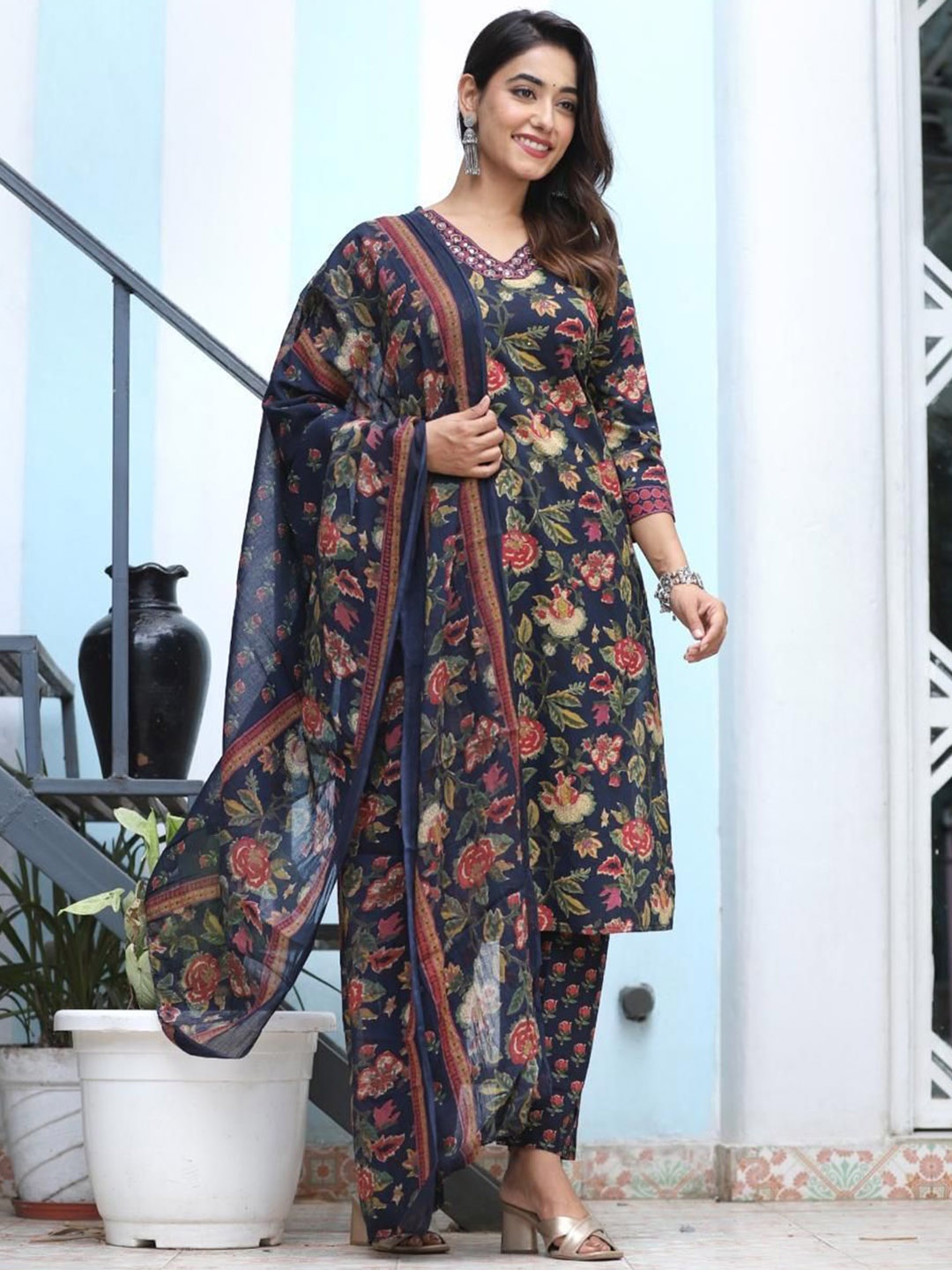 

KALINI Floral Printed V Neck Regular Straight Kurta With Trousers & Dupatta, Blue