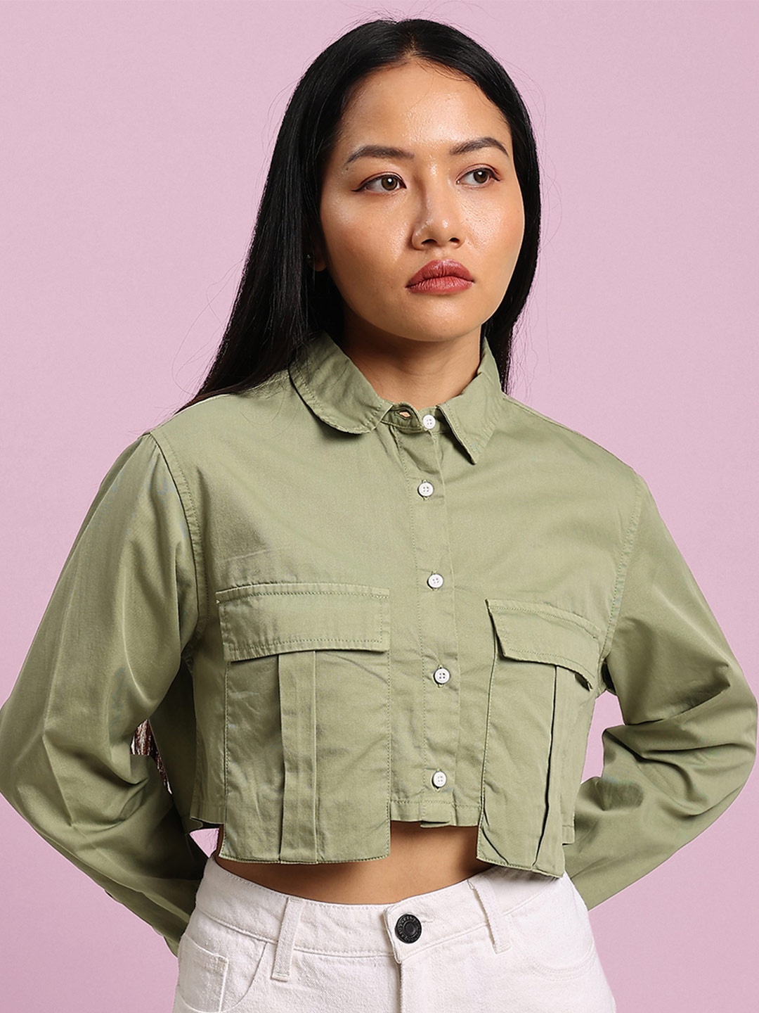 

Bene Kleed Women Opaque Crop Casual Shirt, Green