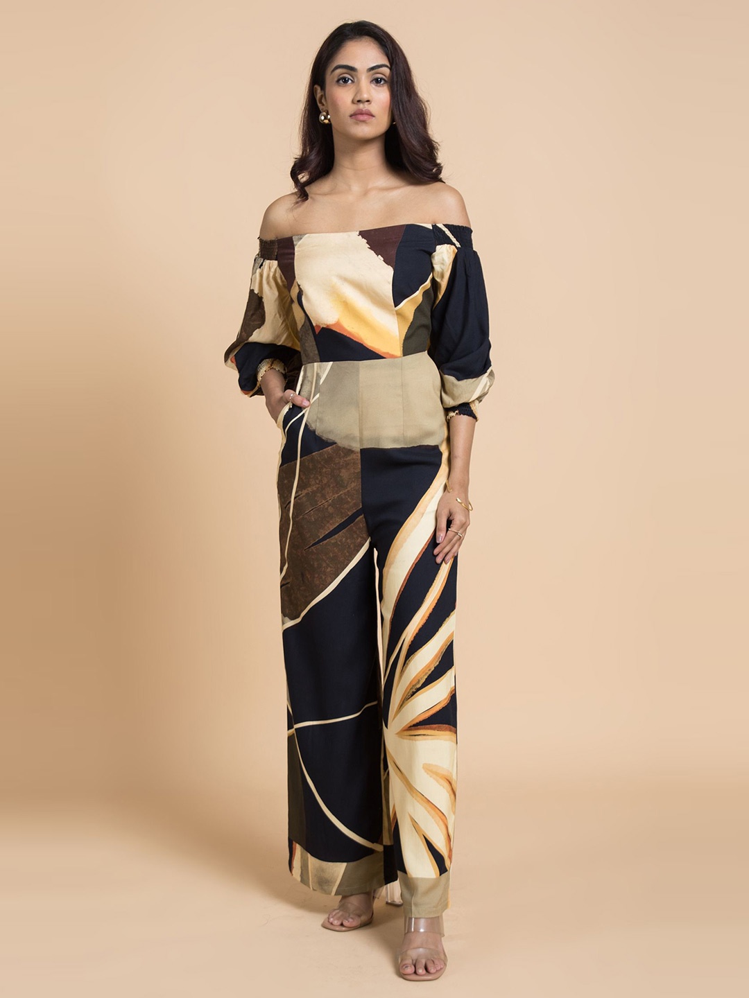 

Vedika M Abstract Printed Off-Shoulder Basic Jumpsuit, Black