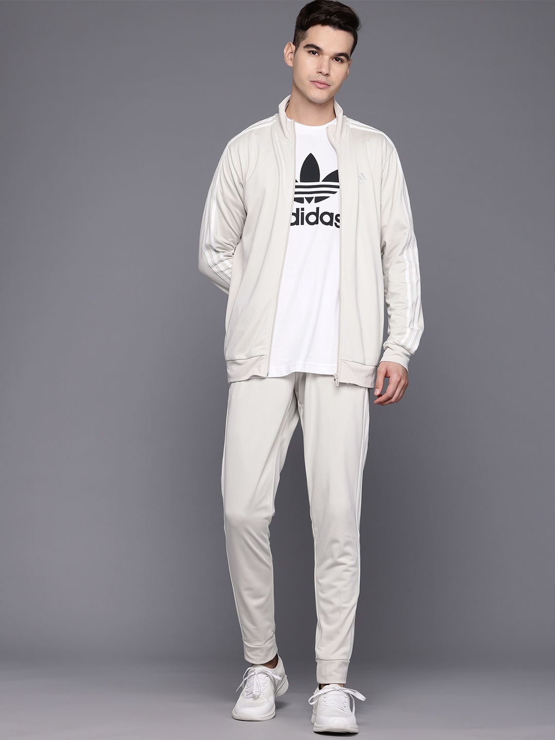 

ADIDAS Men 3-Striped Tricot Track Suit, Beige