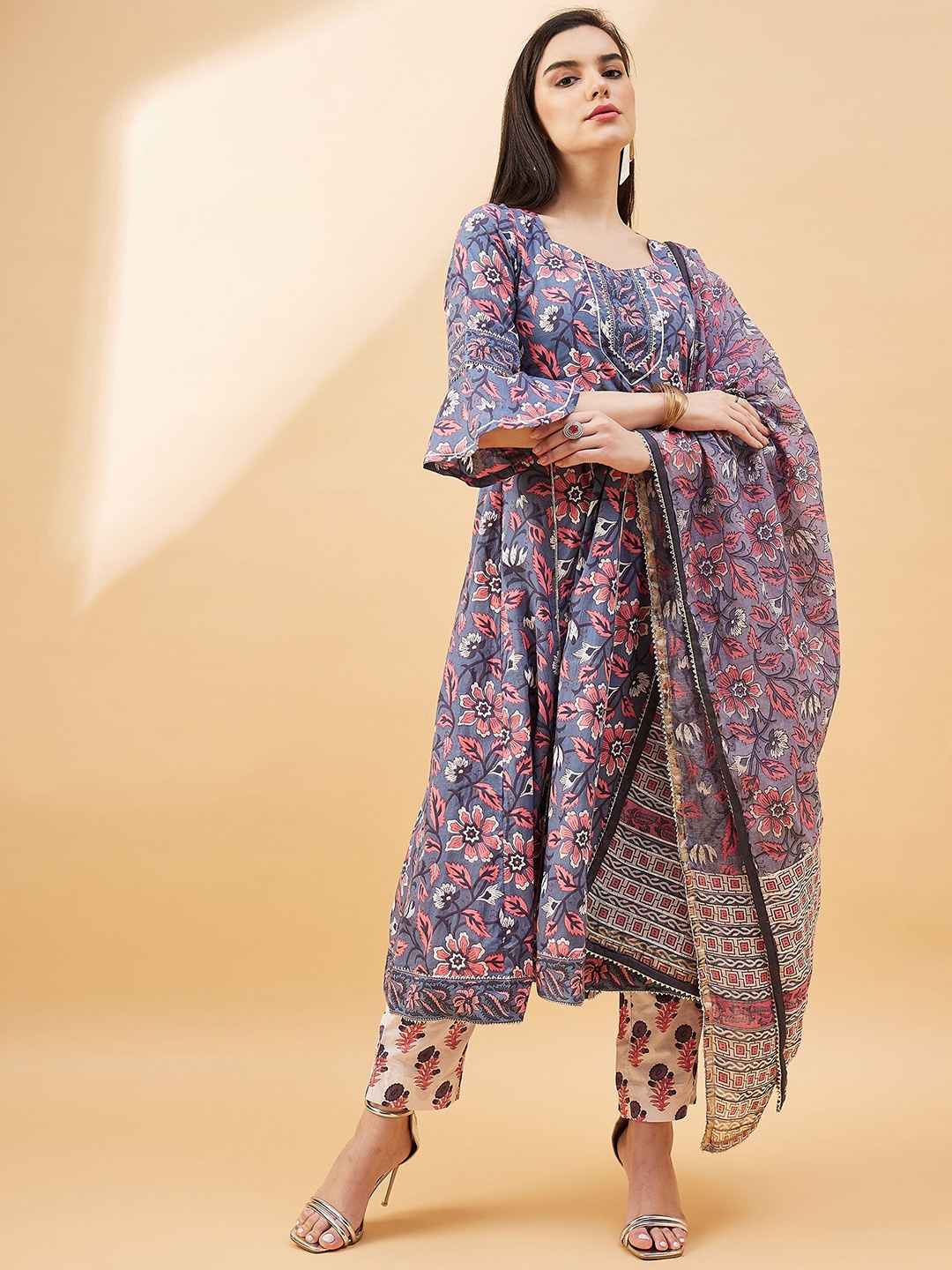 

all about you Floral Printed Pure Cotton Anarkali Kurta With Trousers & Dupatta, Grey