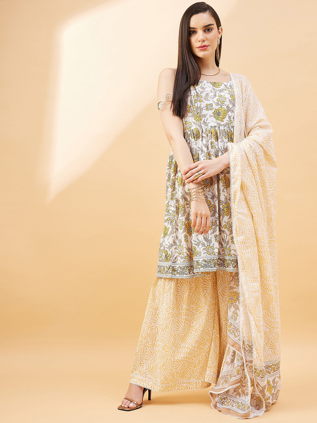 

all about you Floral Printed Pleated Pure Cotton A-Line Kurta With Palazzos & Dupatta, Mustard