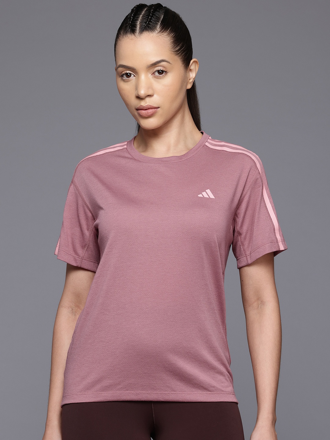 

ADIDAS Striped Detail Aeroready OTR Running T-shirt with Reflective Elements, Mauve