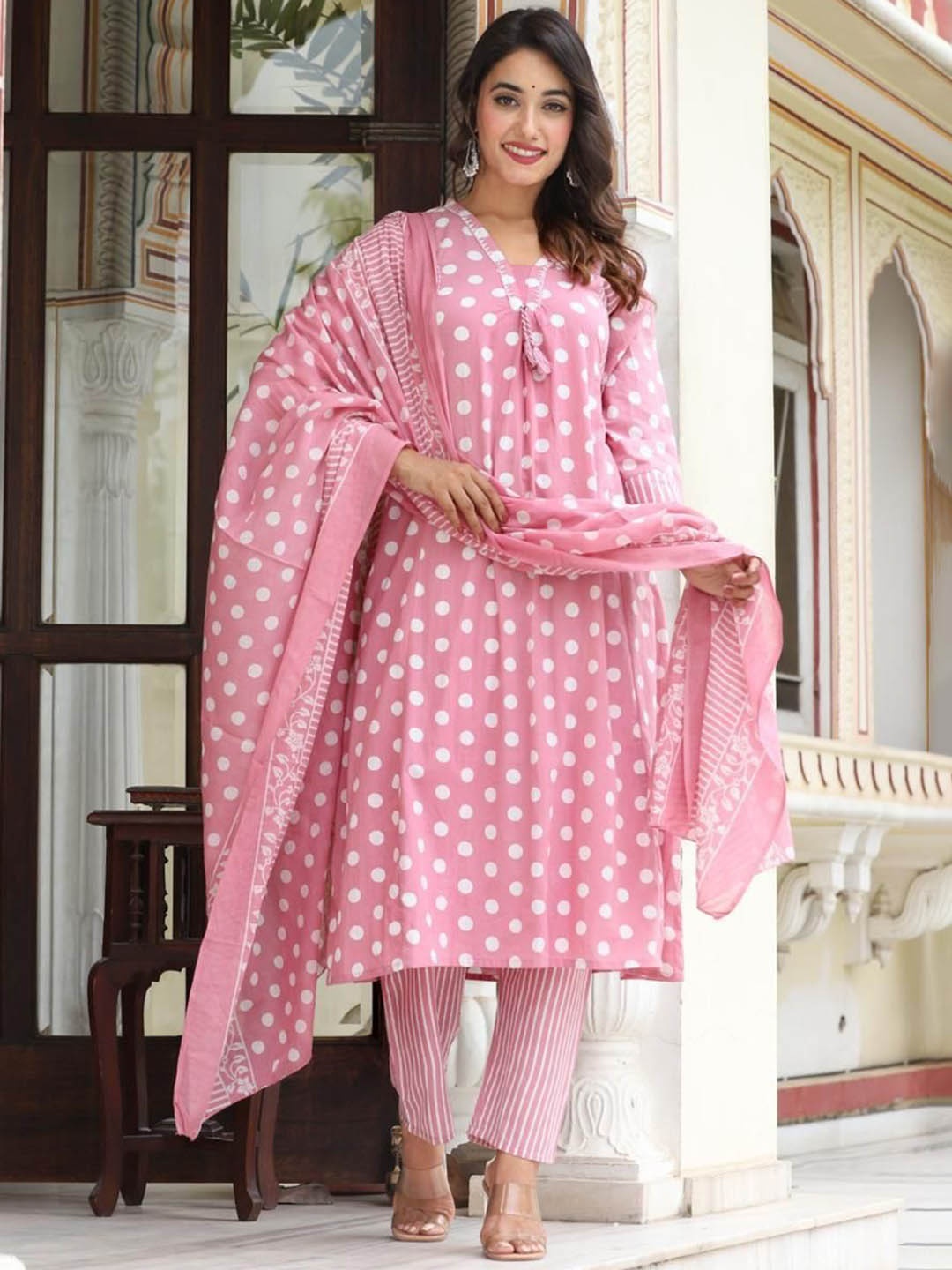 

KALINI Polka Dots Printed Regular A-Line Kurta With Trousers & Dupatta, Pink