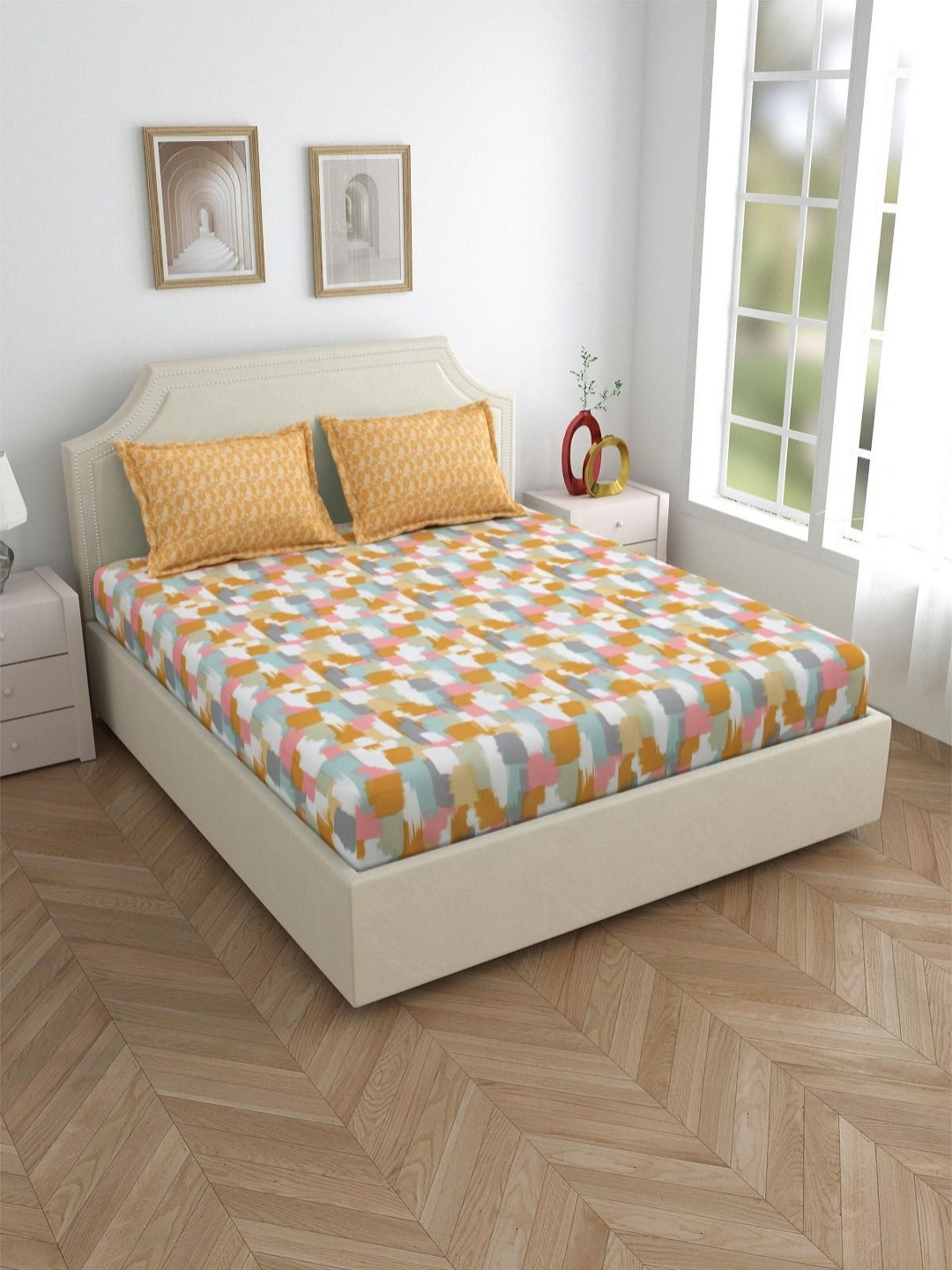 

Salona Bichona Yellow Printed 144 TC Pure Cotton Queen Bedsheet With 2 Pillow Covers