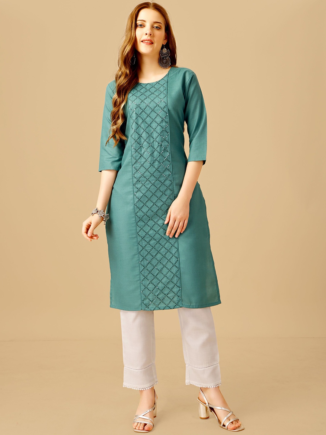 

Rujave Geometric Embroidered Sequinned Straight Kurta With Churidar, Teal