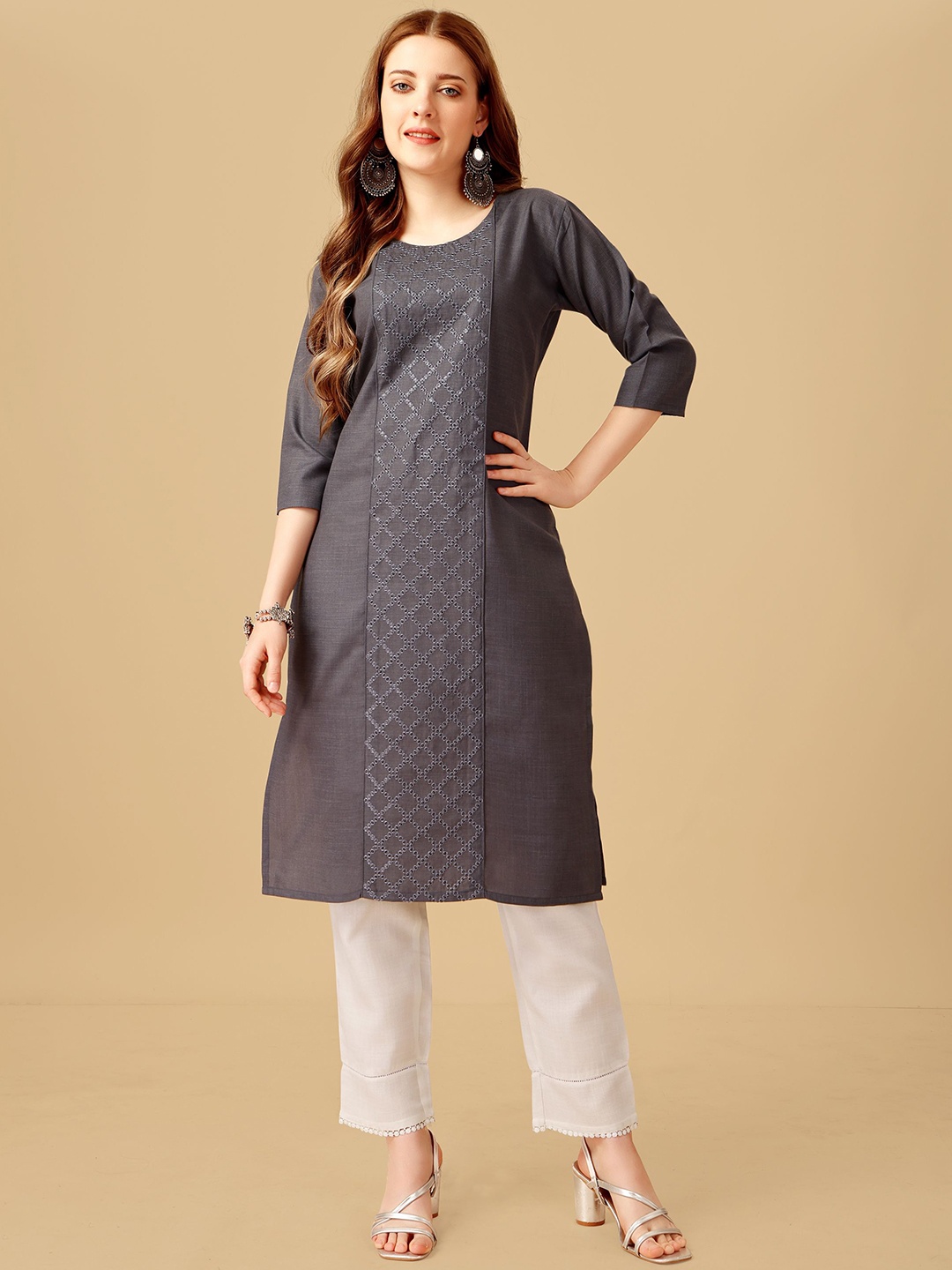 

Rujave Geometric Embroidered Sequinned Straight Kurta With Churidar, Grey