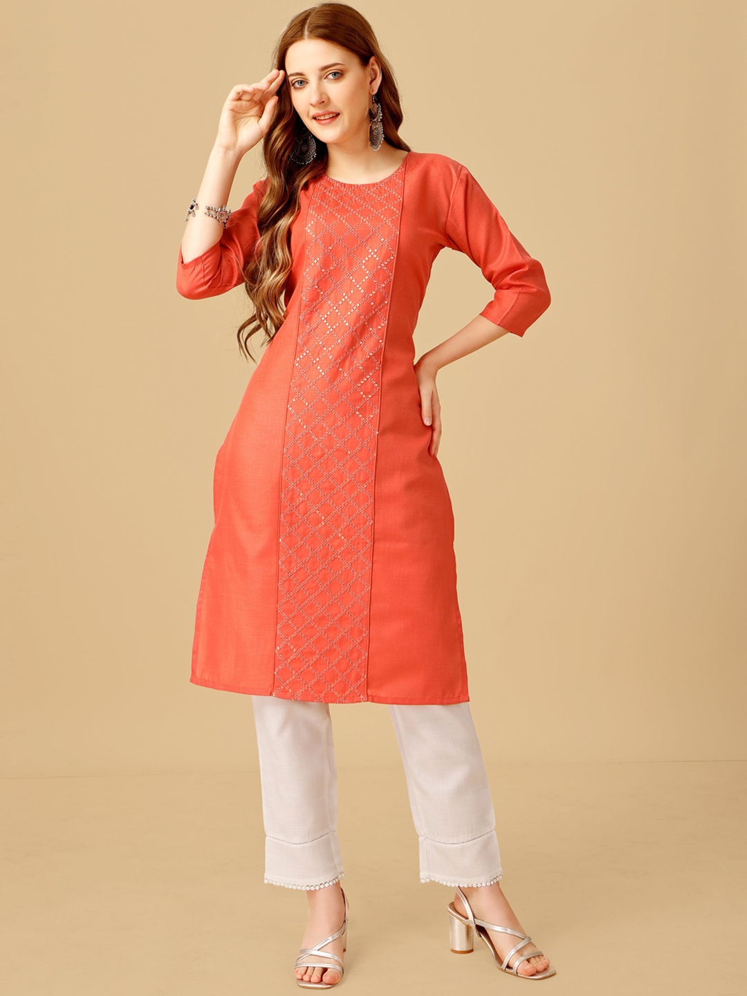 

Rujave Geometric Embroidered Sequinned Straight Kurta With Churidar, Orange