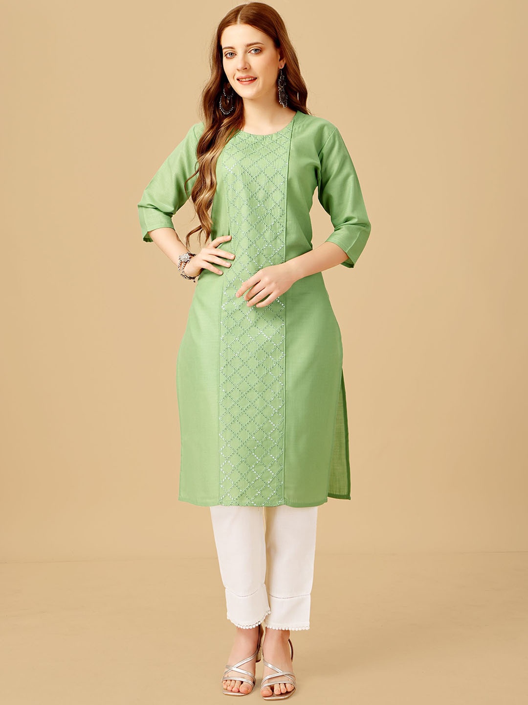 

Rujave Geometric Embroidered Sequinned Straight Kurta With Churidar, Lime green