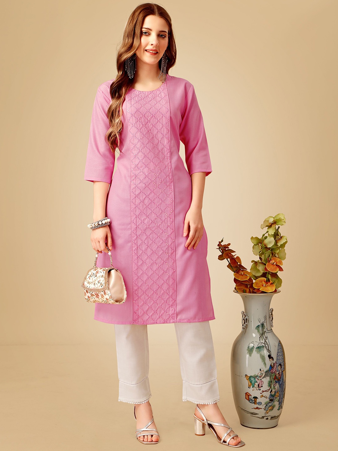 

Rujave Geometric Embroidered Sequinned Straight Kurta With Churidar, Pink