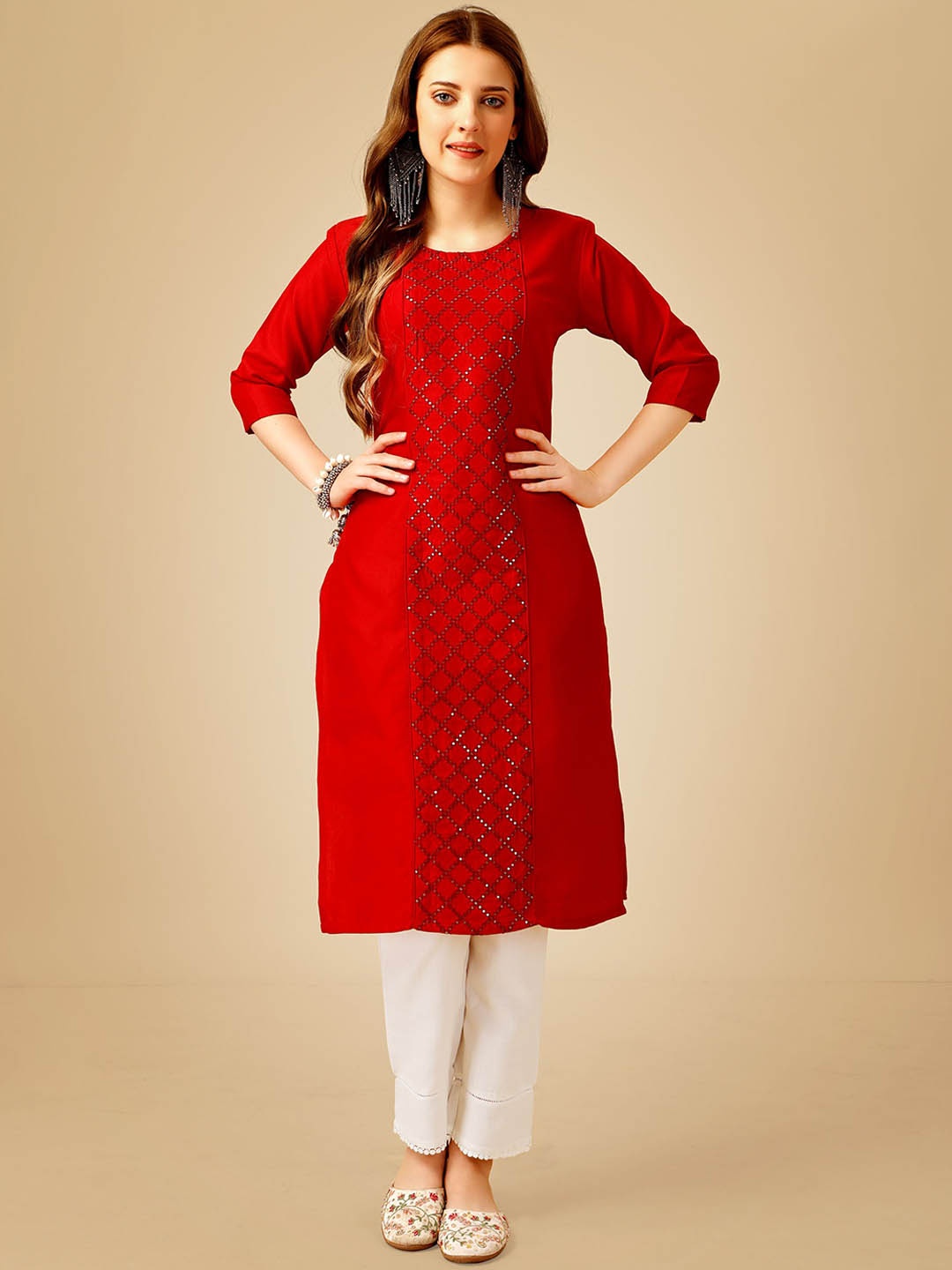 

Rujave Geometric Embroidered Sequinned Straight Kurta With Churidar, Red