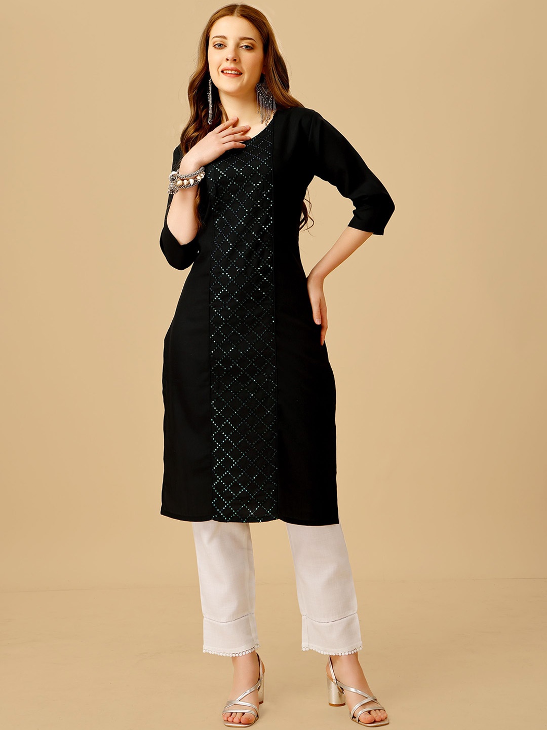 

Rujave Geometric Embroidered Sequinned Straight Kurta With Churidar, Black