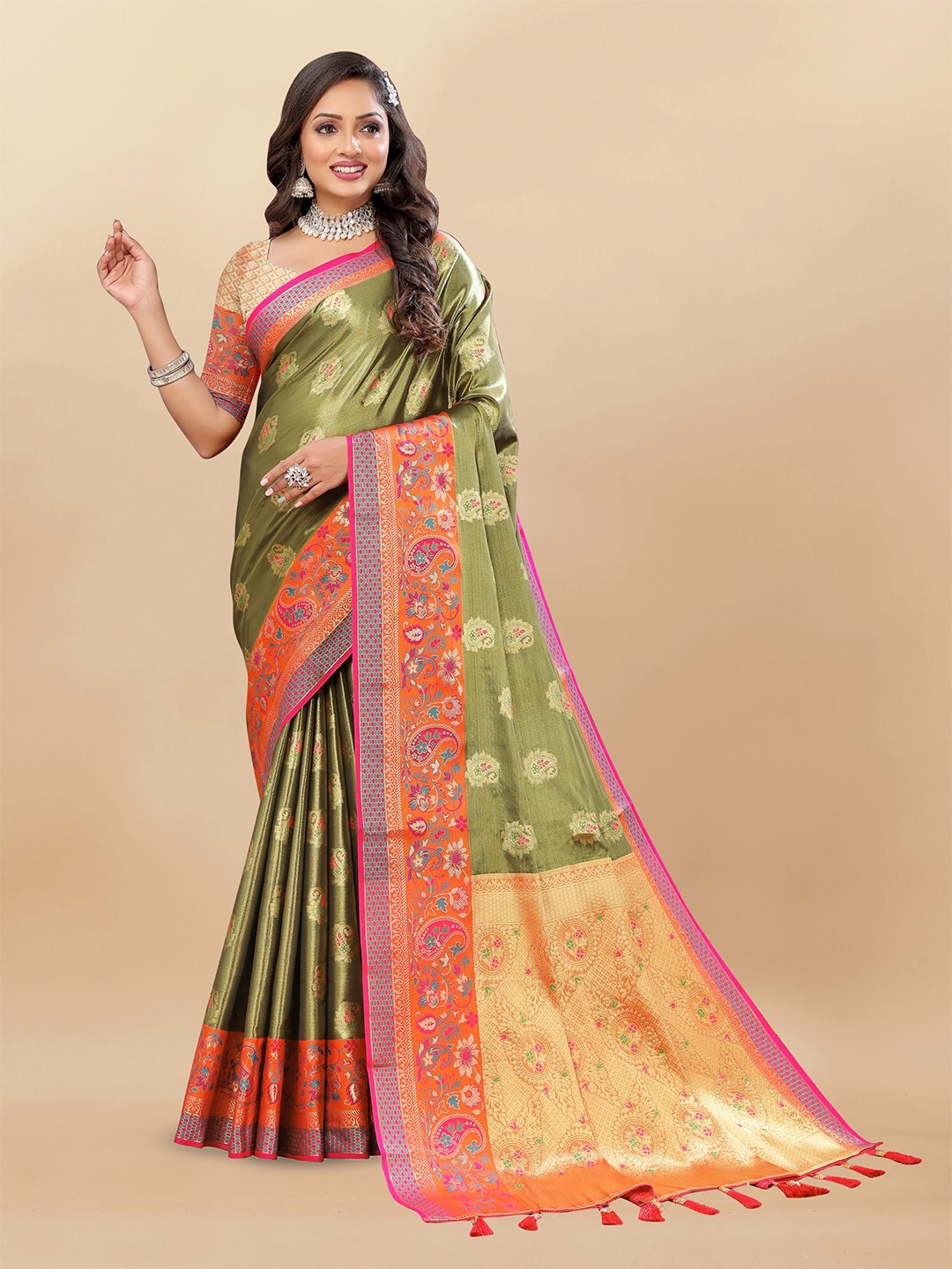 

Upalksh Woven Design Ethnic Motifs Zari Banarasi Saree, Green