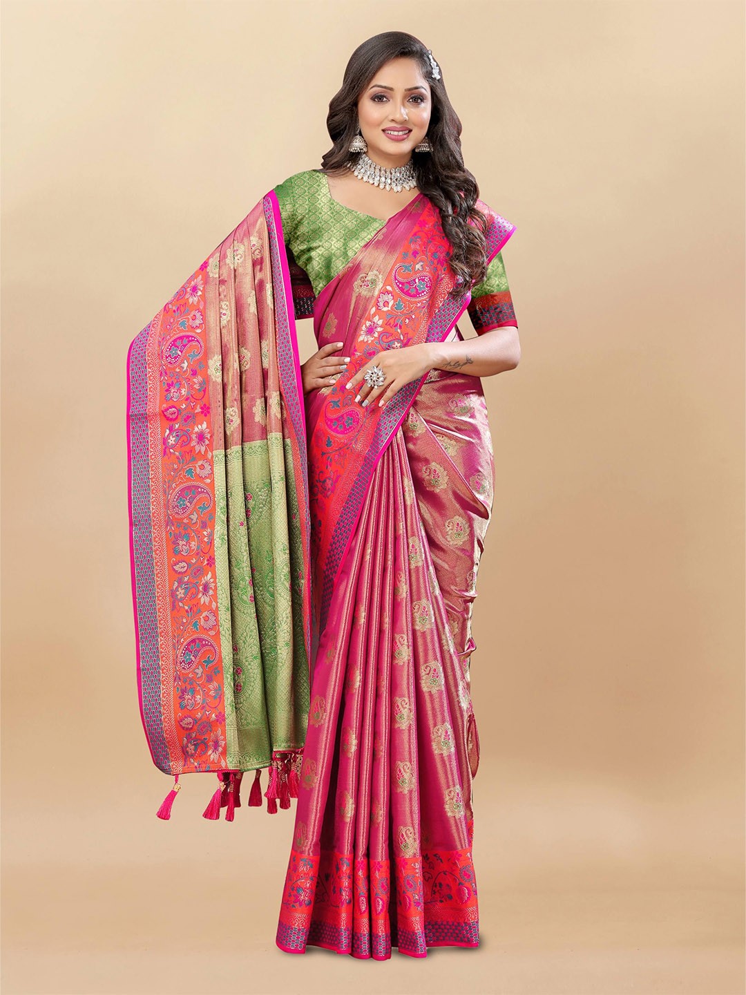 

Upalksh Woven Design Ethnic Motifs Zari Banarasi Saree, Pink