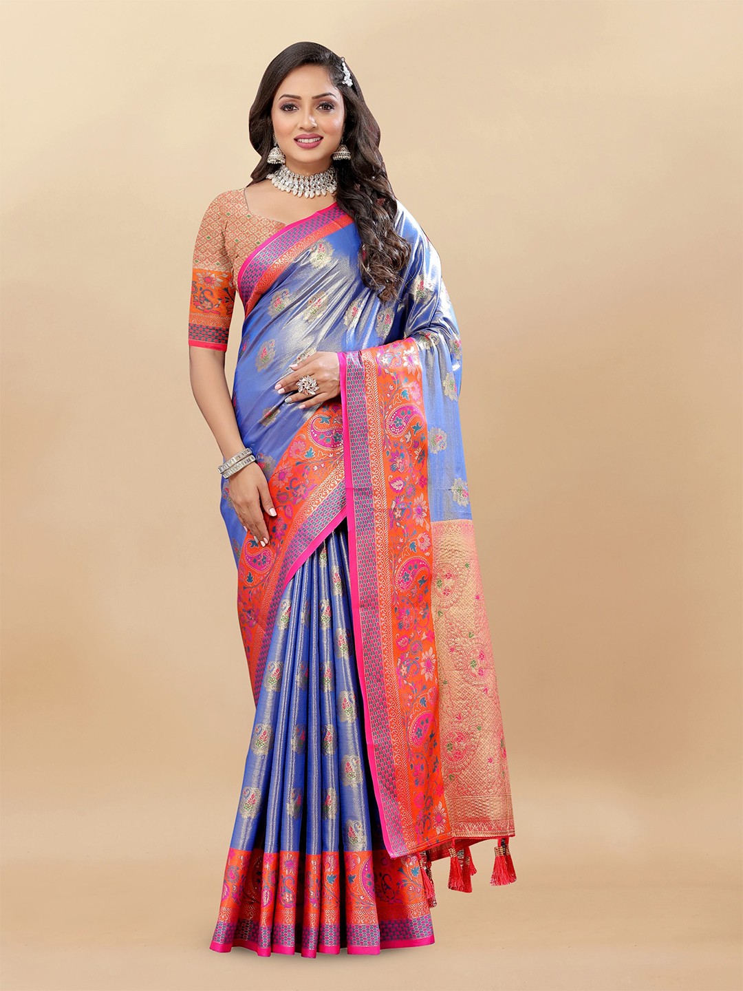 

Upalksh Woven Design Ethnic Motifs Zari Banarasi Saree, Blue