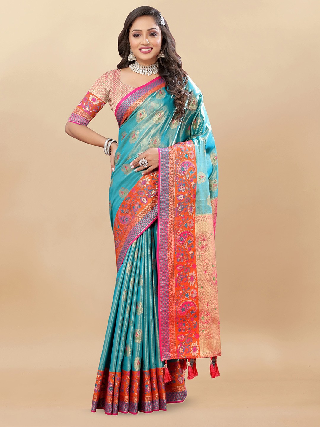 

Upalksh Woven Design Ethnic Motifs Zari Banarasi Saree, Turquoise blue
