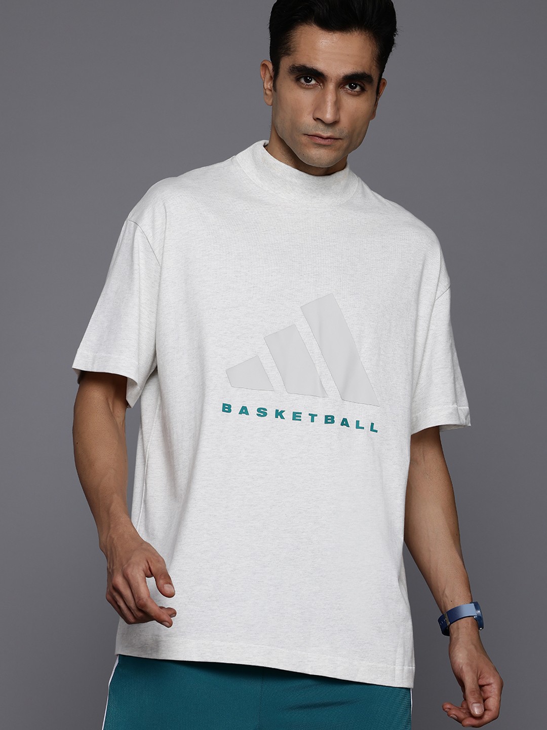 

ADIDAS Printed Pure Cotton BasketballT-shirt, Grey melange