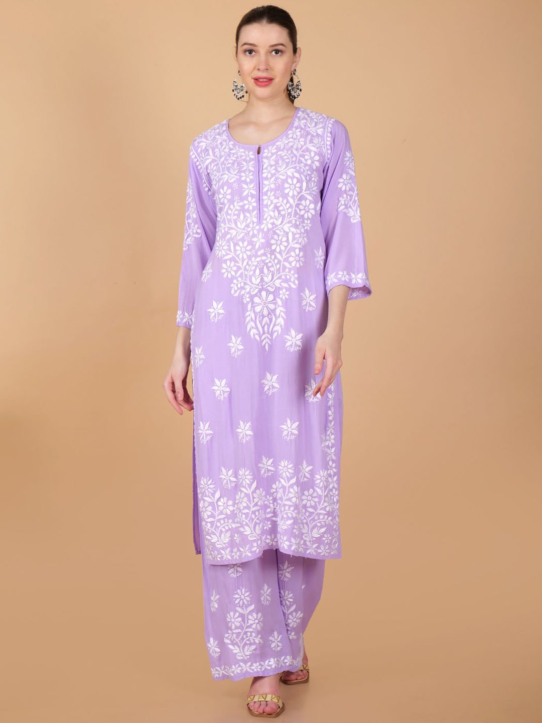 

Syrish Floral Chikankari Embroidered Pure Cotton Straight Kurta with Palazzos, Purple