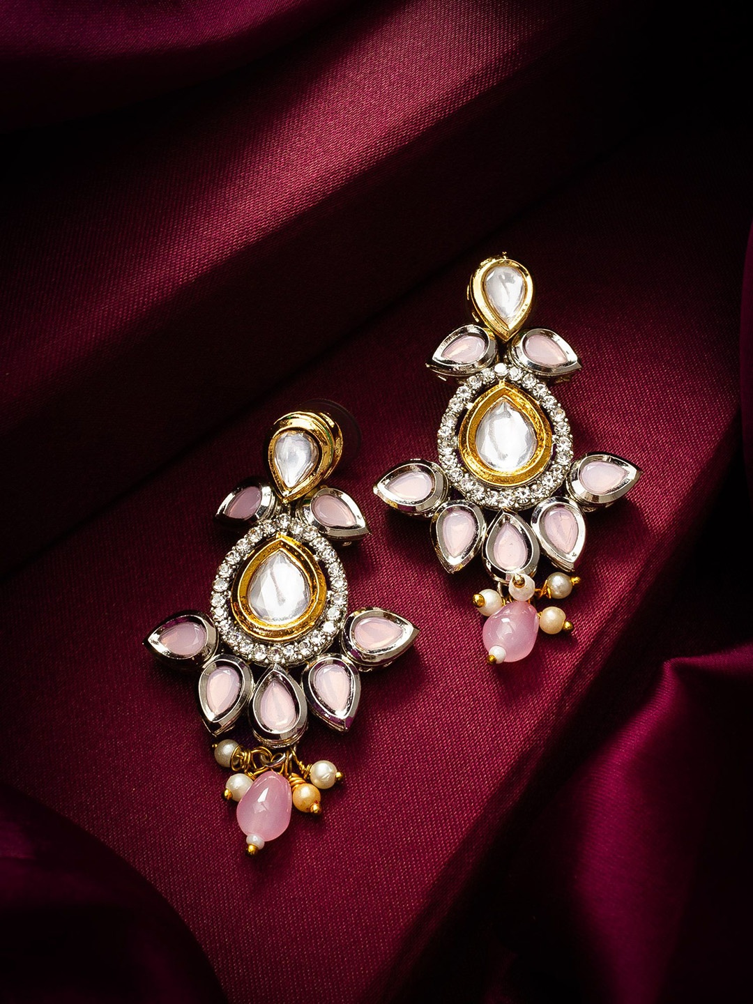 

aadita Gold-Plated Kundan Studded & Pearls Beaded Floral Drop Earrings