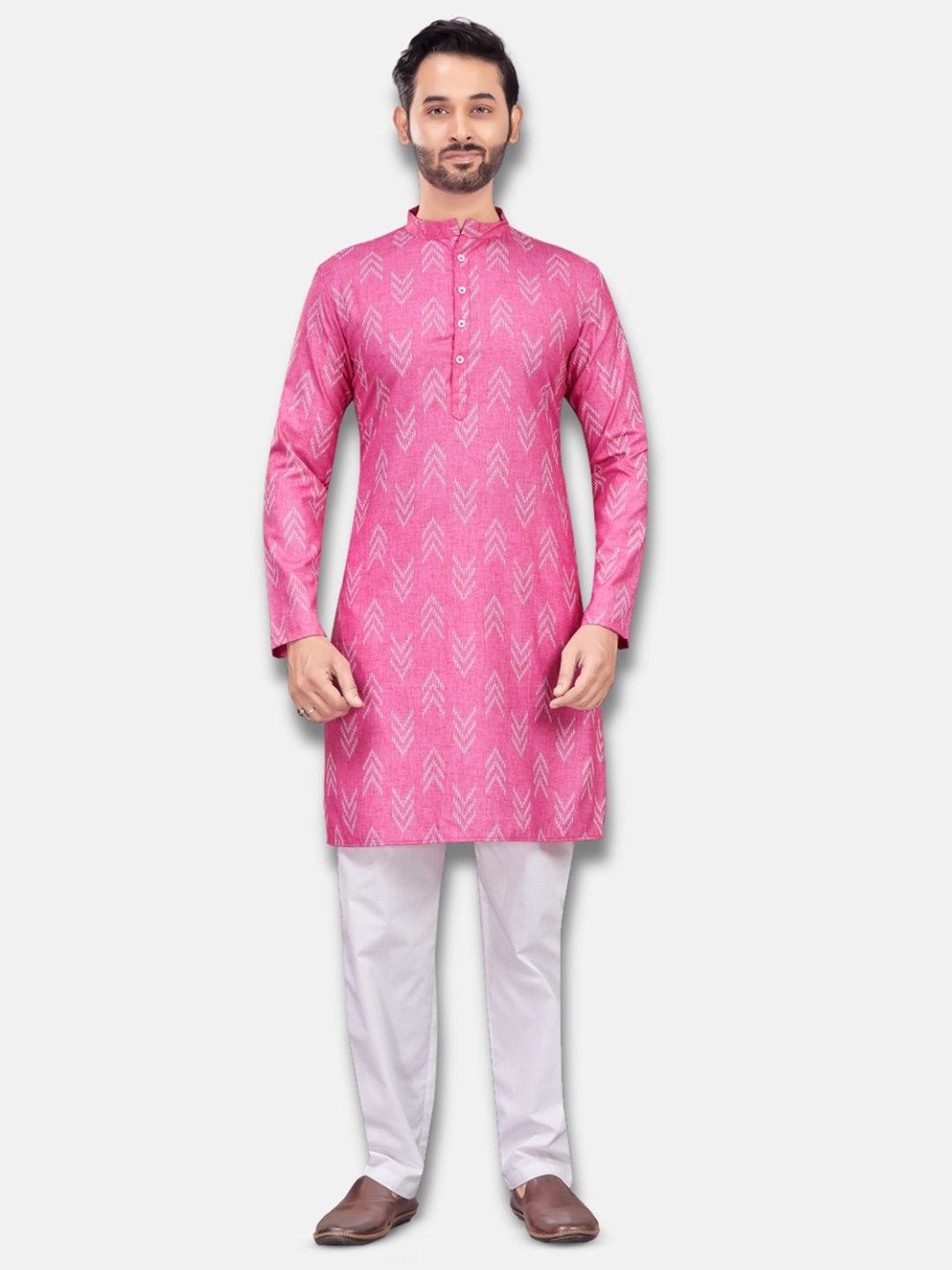 

Studio Shringaar Ikat Printed Mandarin Collar Relaxed Fit Straight Kurta, Pink