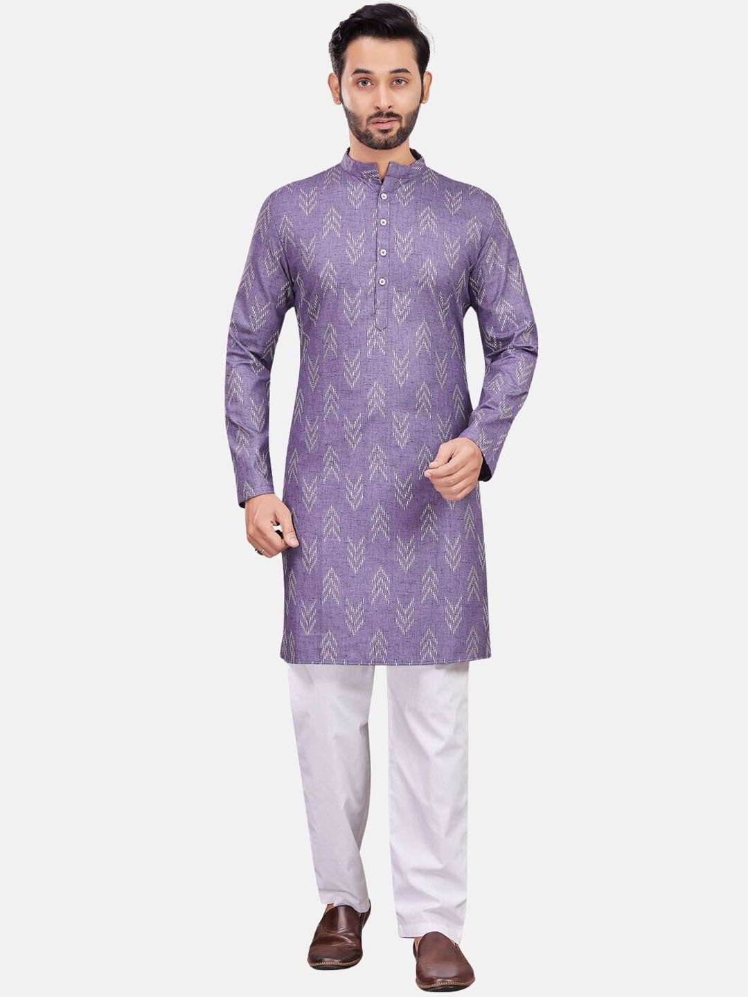 

Studio Shringaar Ikat Printed Mandarin Collar Relaxed Fit Straight Kurta, Lavender