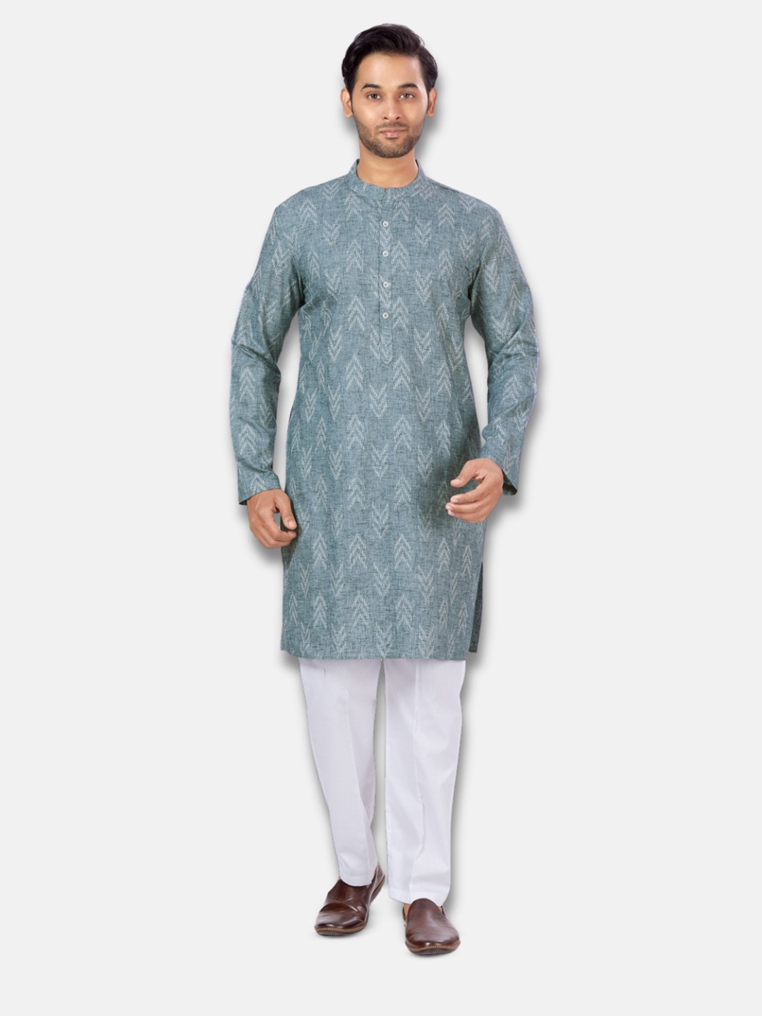 

Studio Shringaar Ikat Printed Mandarin Collar Relaxed Fit Straight Kurta, Grey