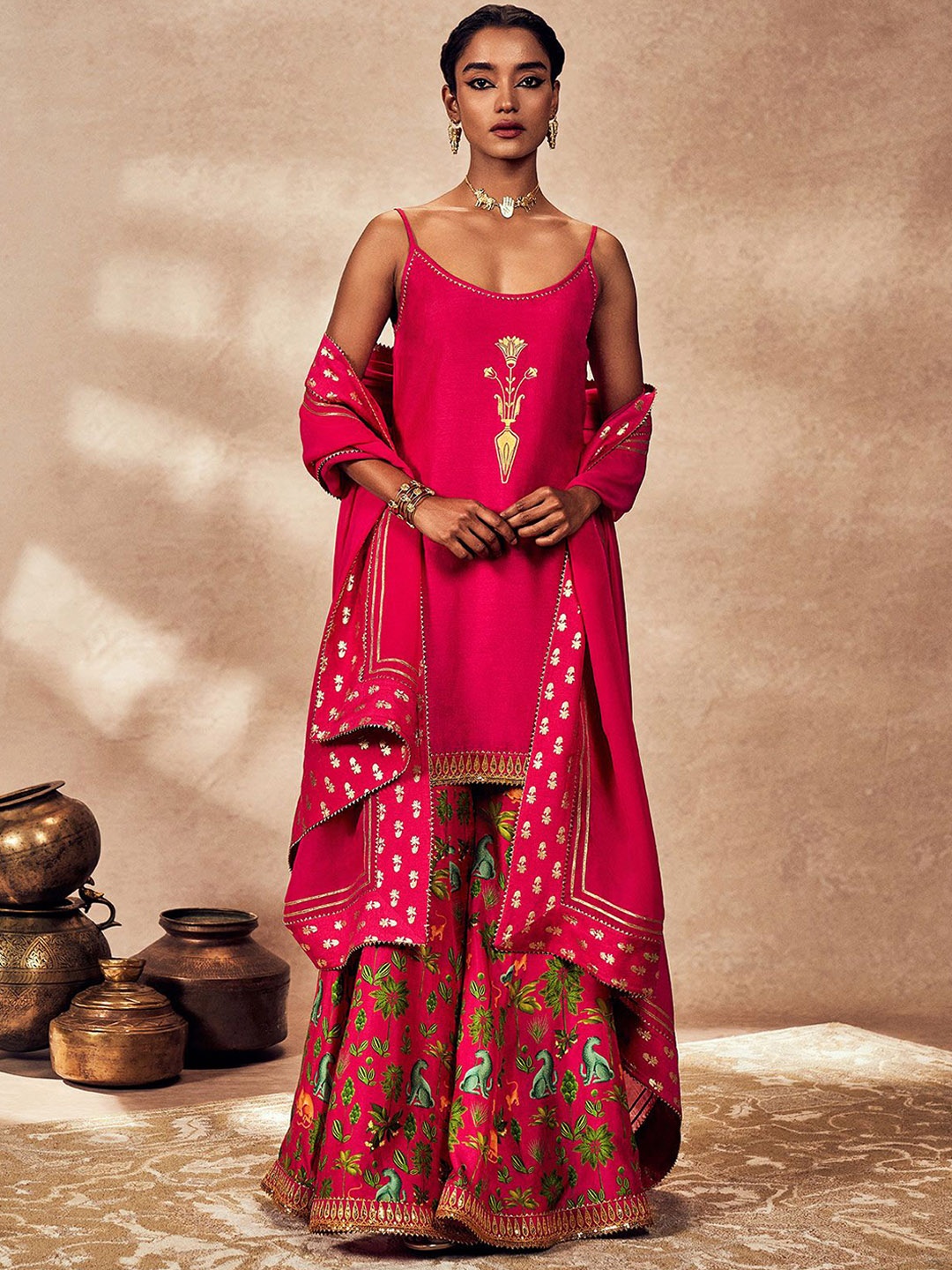 

Masaba Floral Embroidered Regular Raw Silk Kurta with Palazzos & Dupatta, Pink