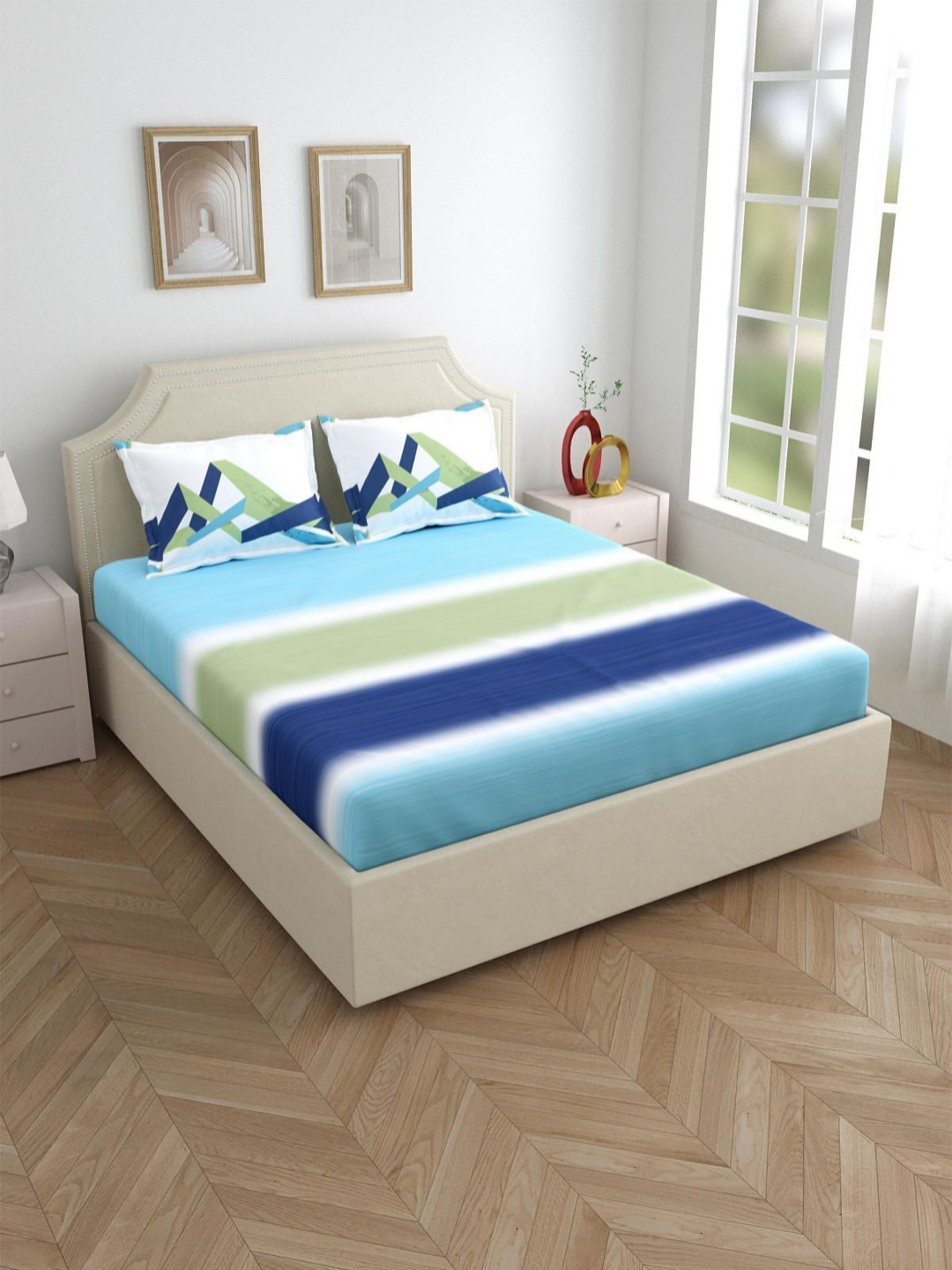 

Salona Bichona Blue & Green Striped 300 TC Pure Cotton King Bedsheet With 2 Pillow Covers