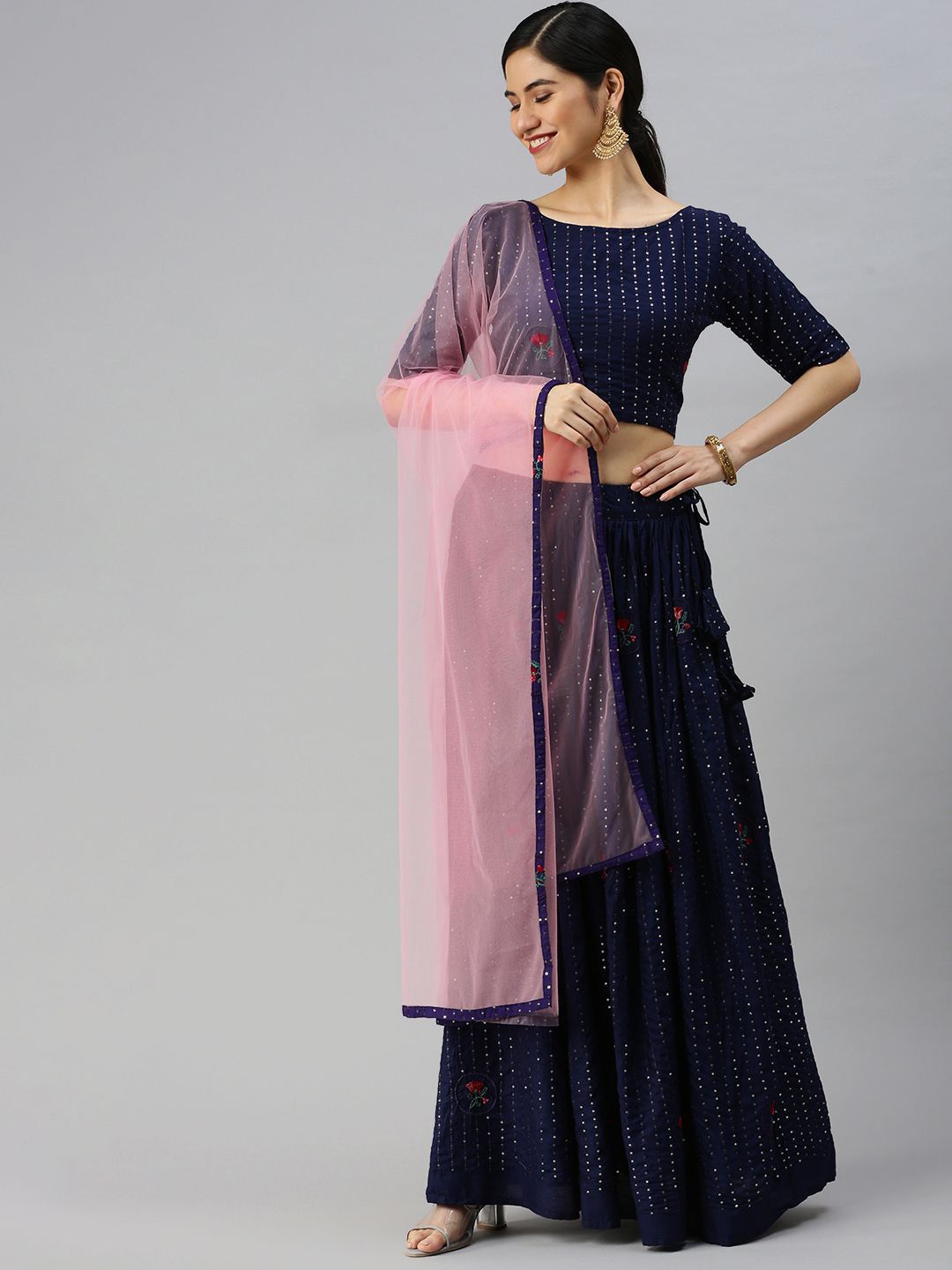 

Swishchick Embroidered Sequinned Ready to Wear Lehenga & Blouse With Dupatta, Navy blue