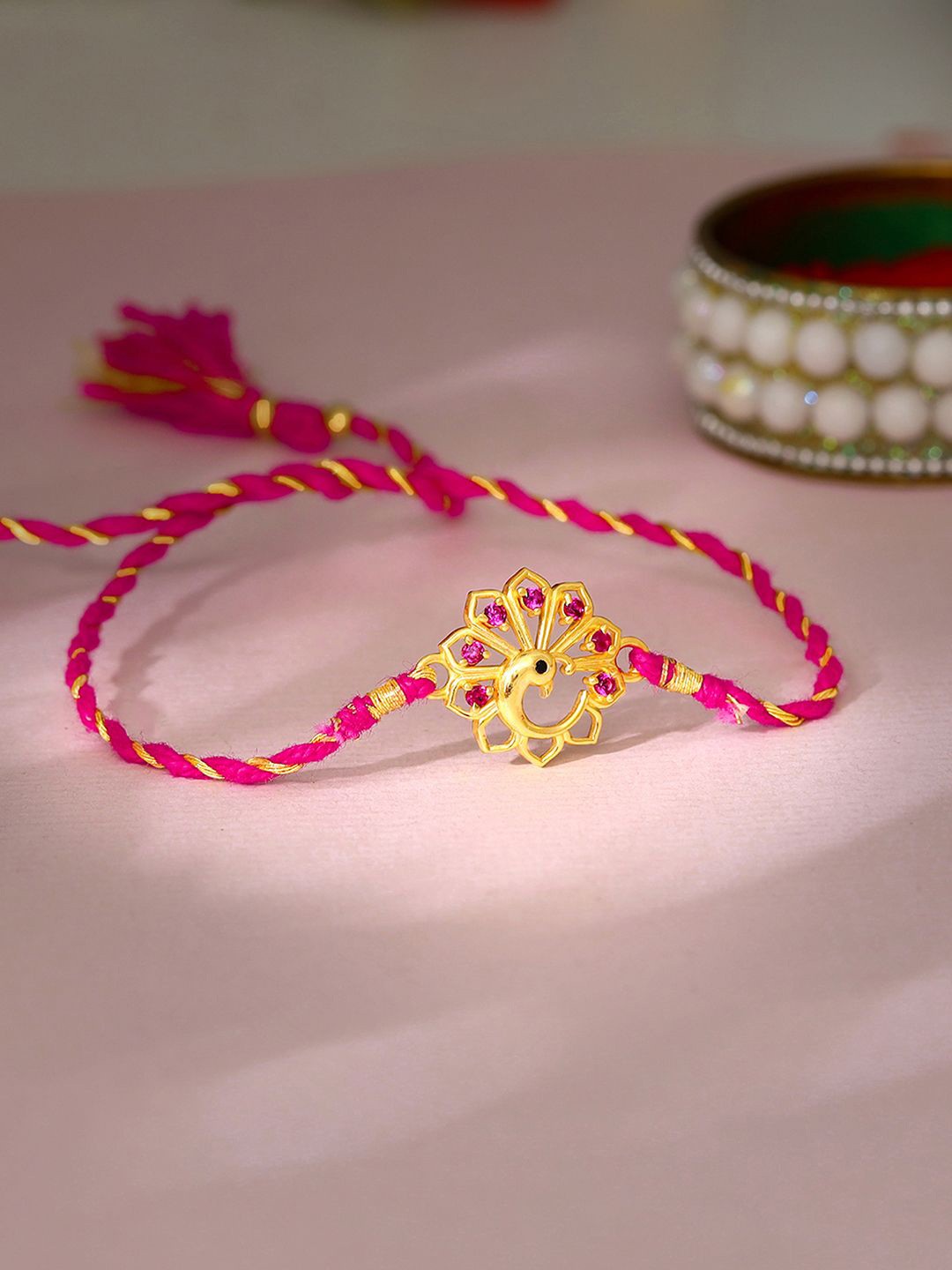 

GIVA 925 Silver Gold Plated Peacock Heritage Rakhi With Roli Chawal