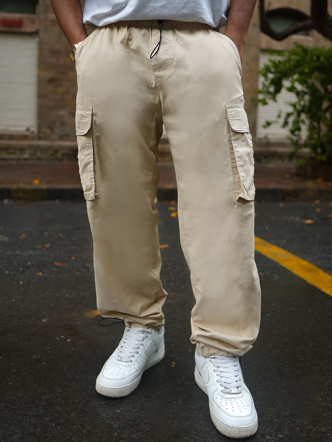 

Powerlook Men Baggy Fit Cotton Parachute Track Pants, Beige