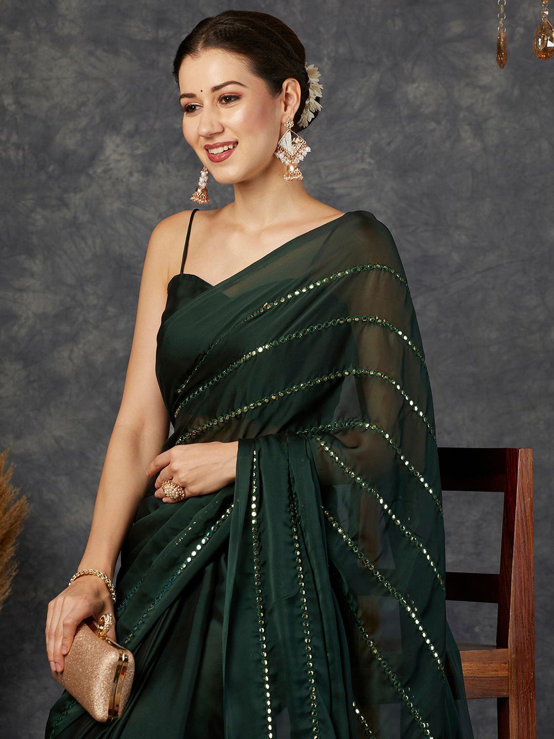 

Satrani Embellished Mirror Work Pure Georgette Saree, Green