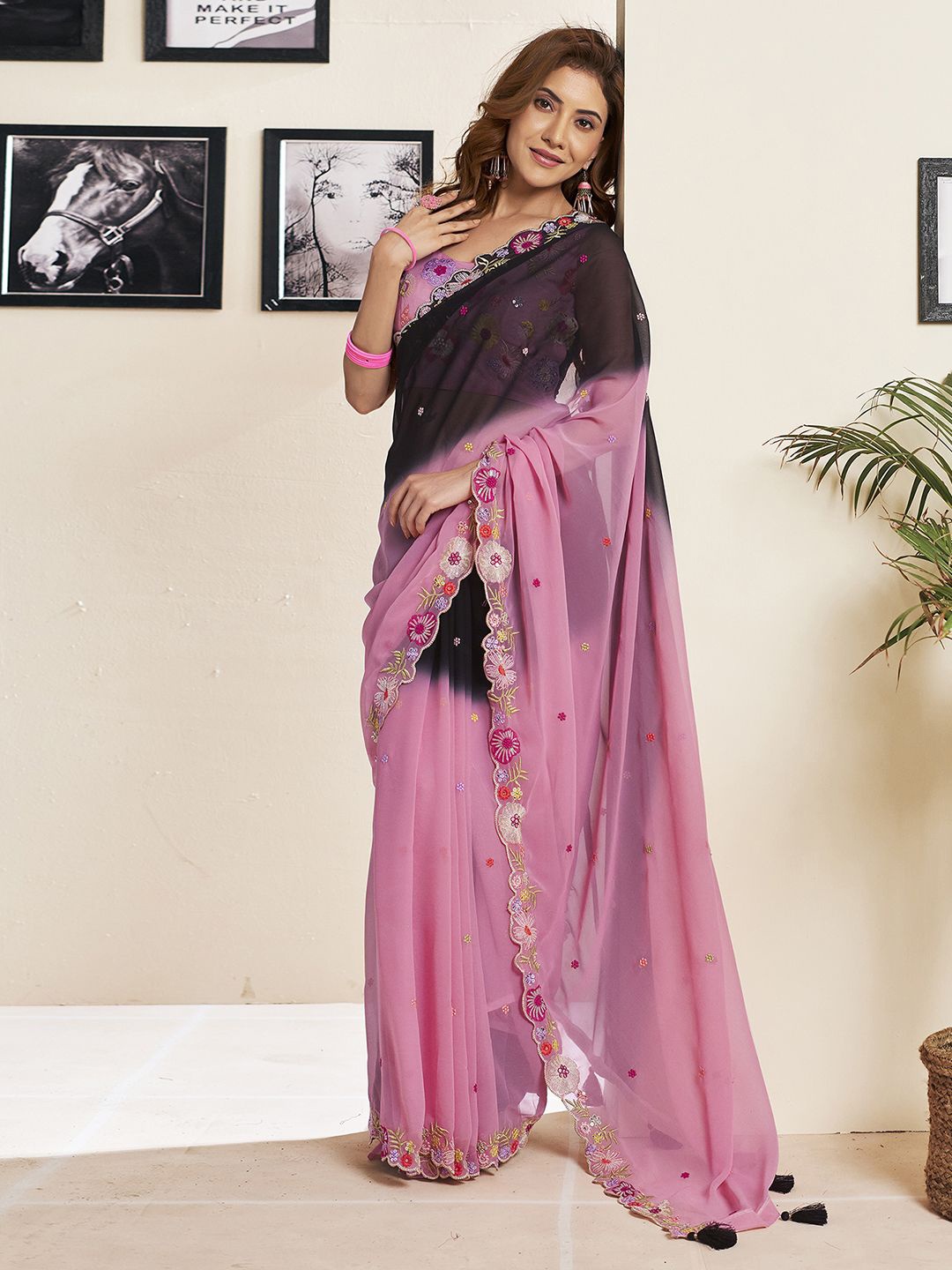 

Satrani Ethnic Motifs Sequinned Pure Georgette Saree, Pink