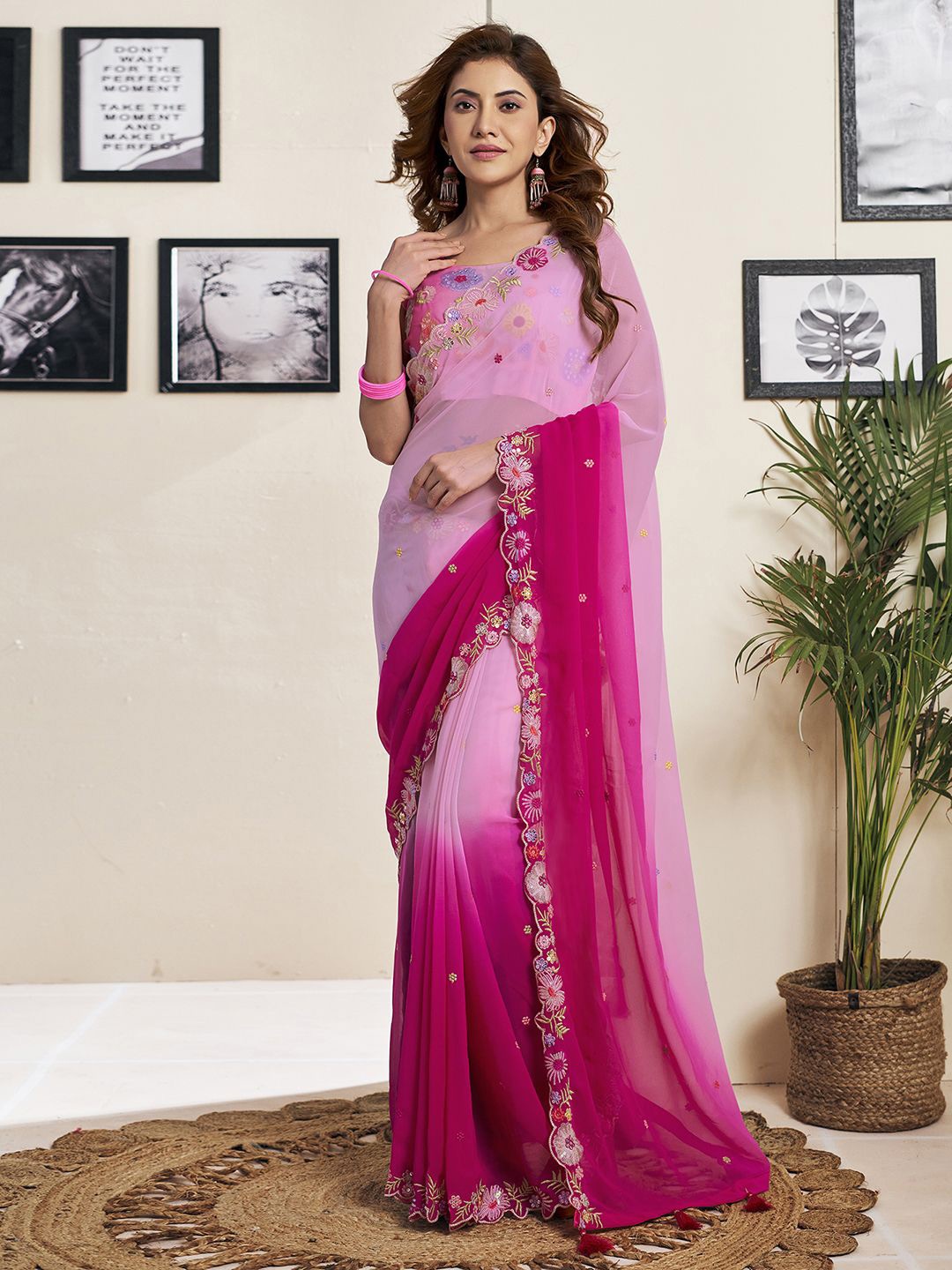 

Satrani Ethnic Motifs Sequinned Pure Georgette Saree, Magenta