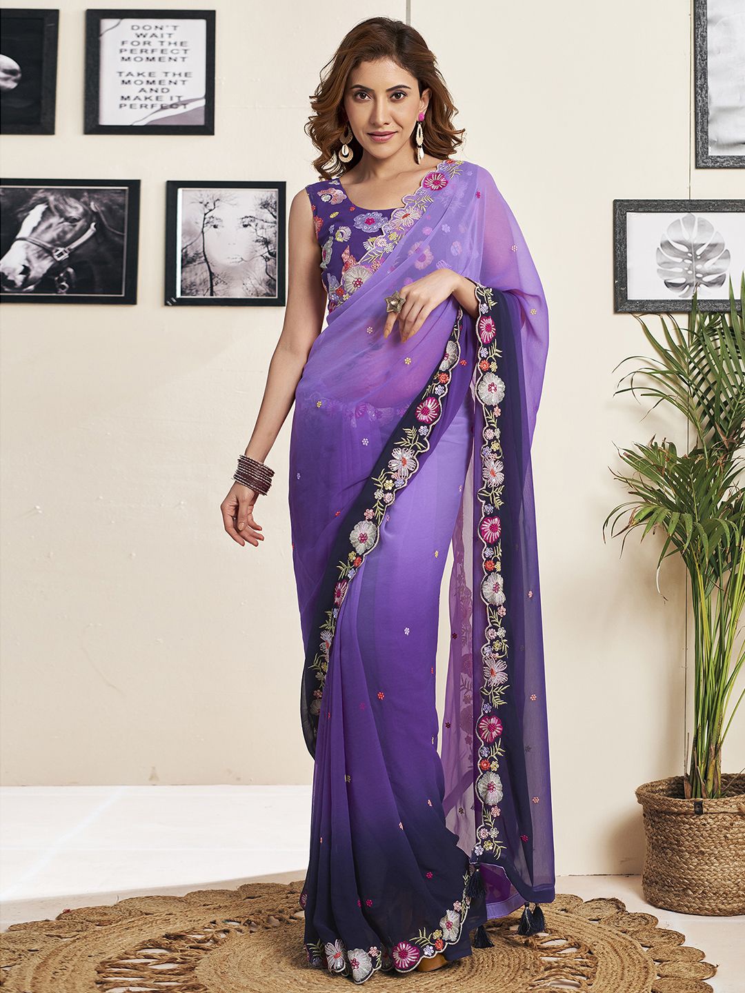 

Satrani Ethnic Motifs Embroidered Pure Georgette Saree, Purple