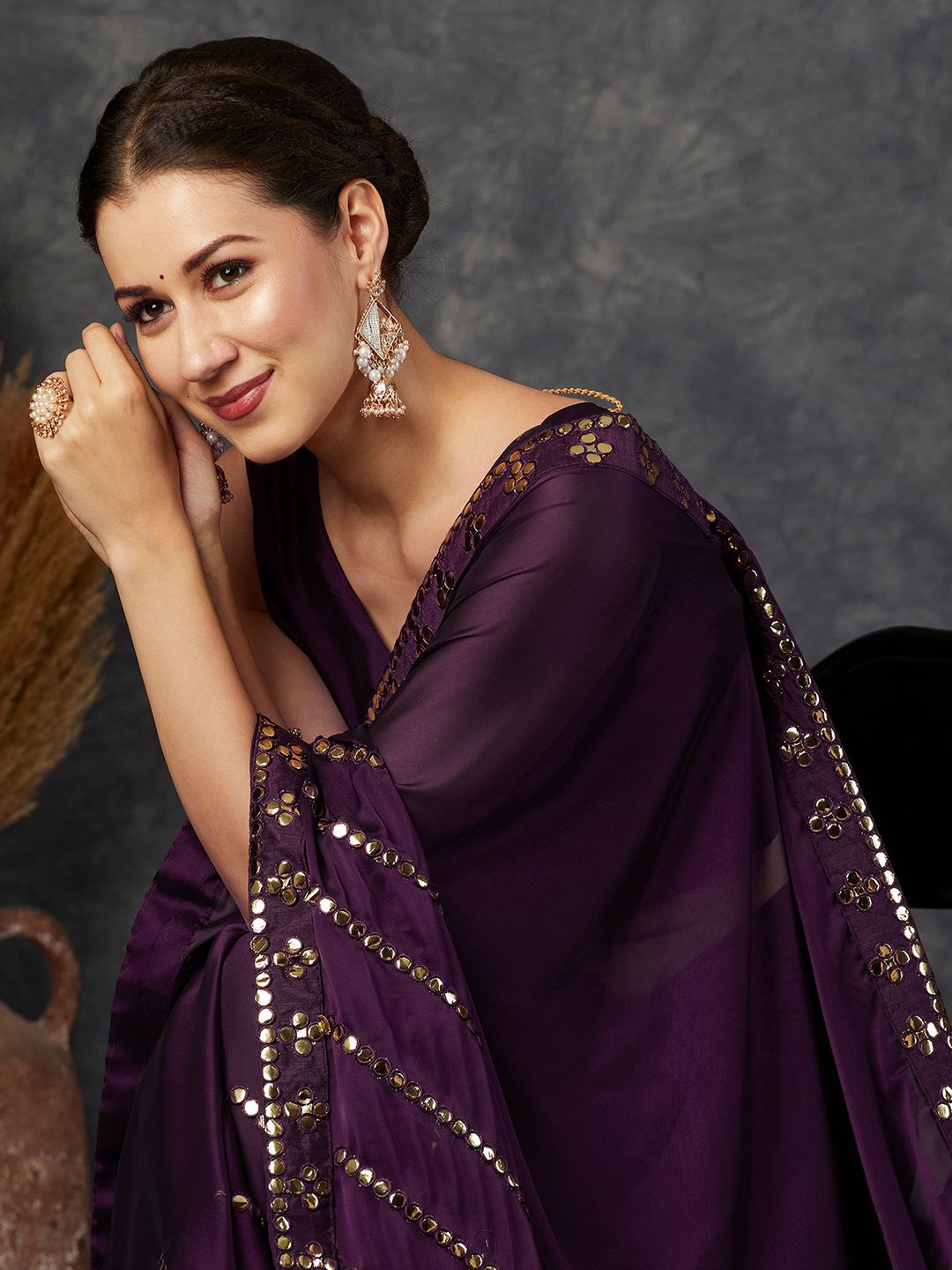 

Satrani Embellished Mirror Work Pure Georgette Saree, Purple