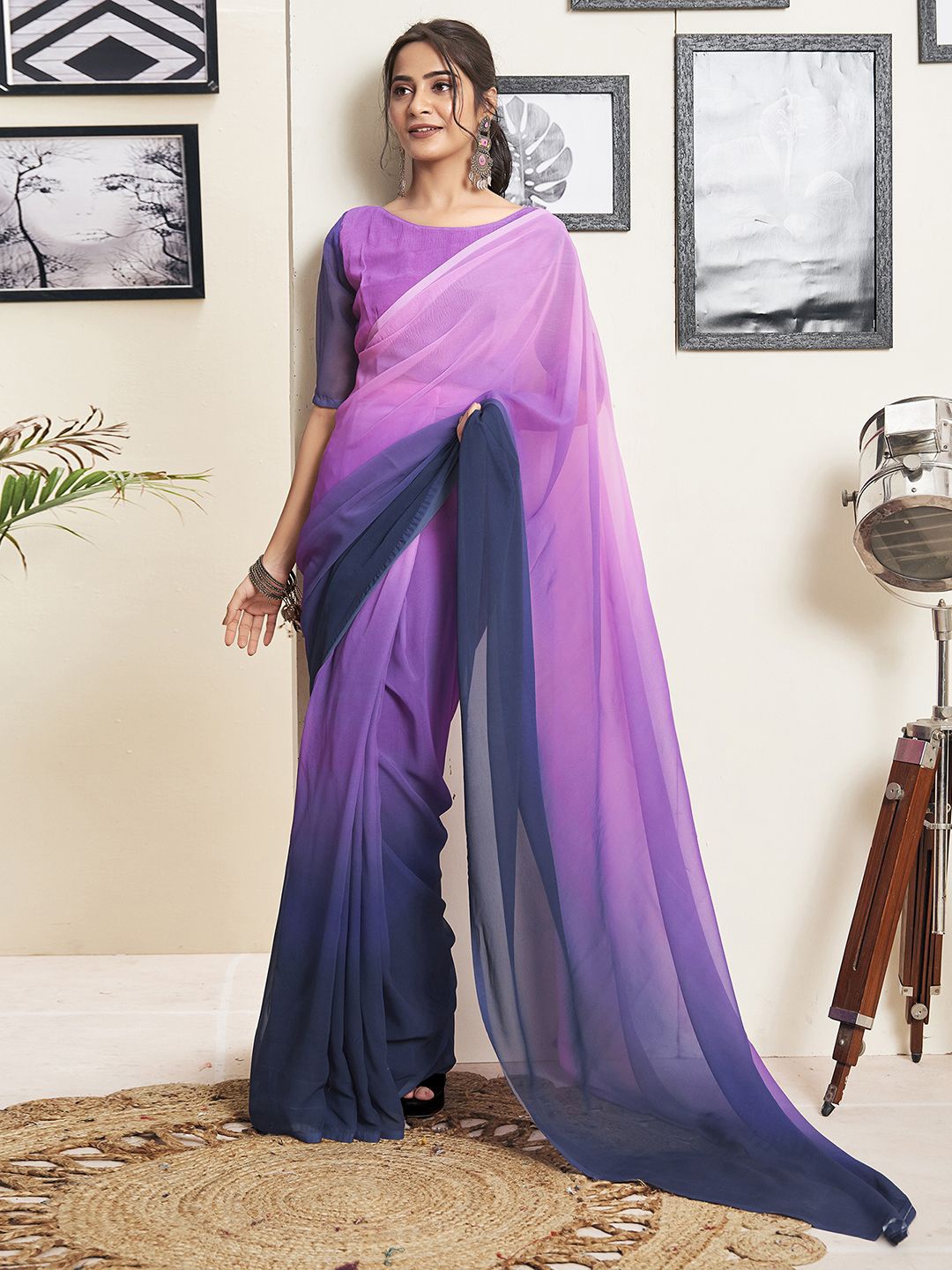

Satrani Ombre Pure Georgette Ready to Wear Saree, Purple